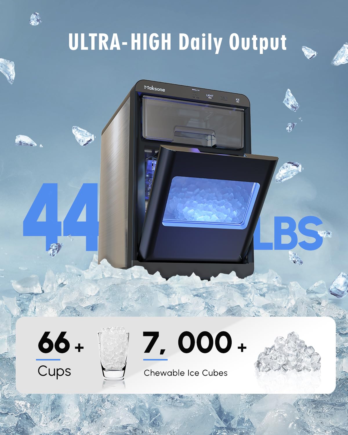 Maksone Nugget Ice Maker Countertop,44lbs/Day,Self-Cleaning ice Machine with Pebble ice,One-Click Operation,for Home/Kitchen/Office