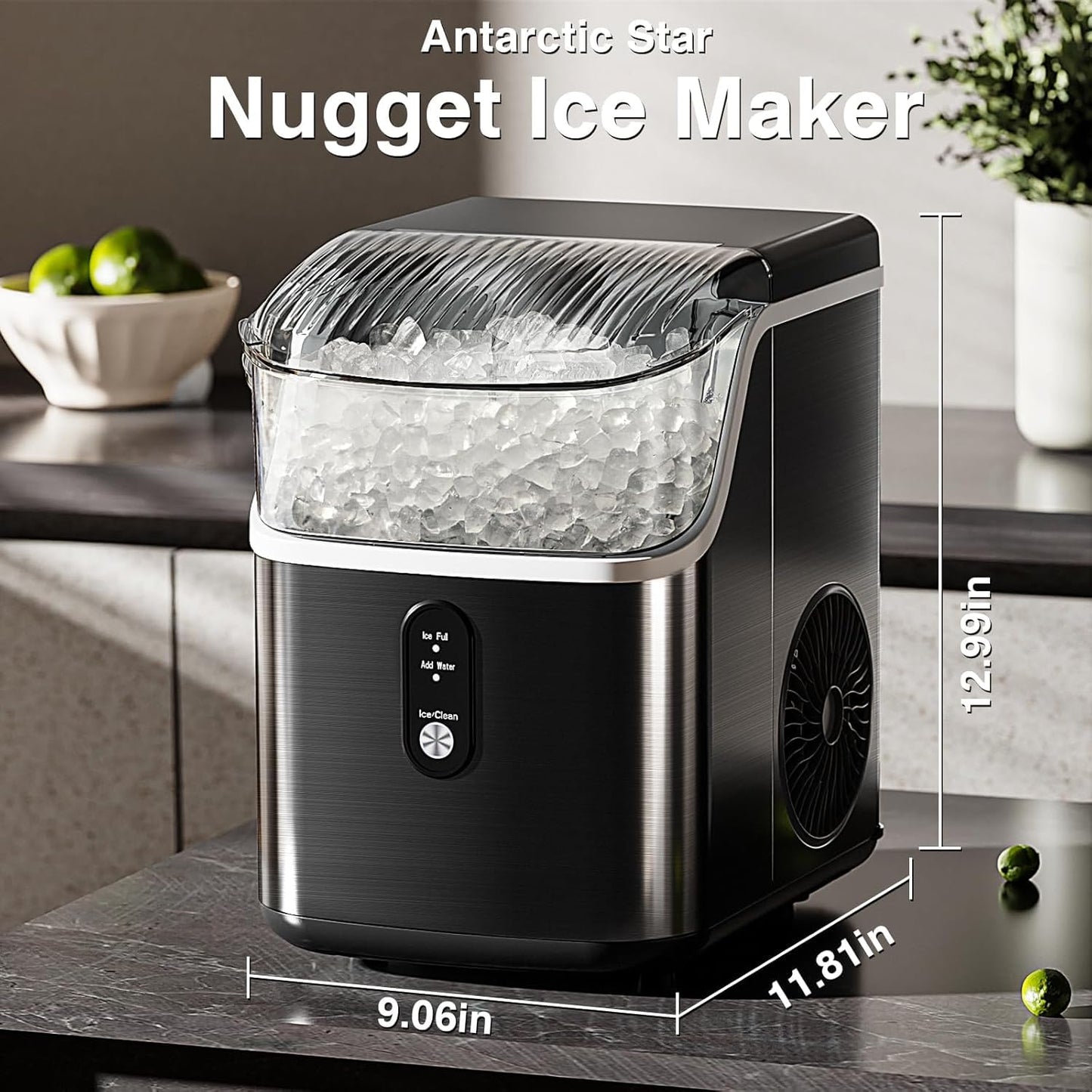 Antarctic Star Nugget Ice Maker Countertop, Chewable Nugget Ice Machine with Automatic Cleaning, Fast Ice Making 34Lbs/24H, One Click Operation for Office/Home/Bar (Stainless Steel Black)