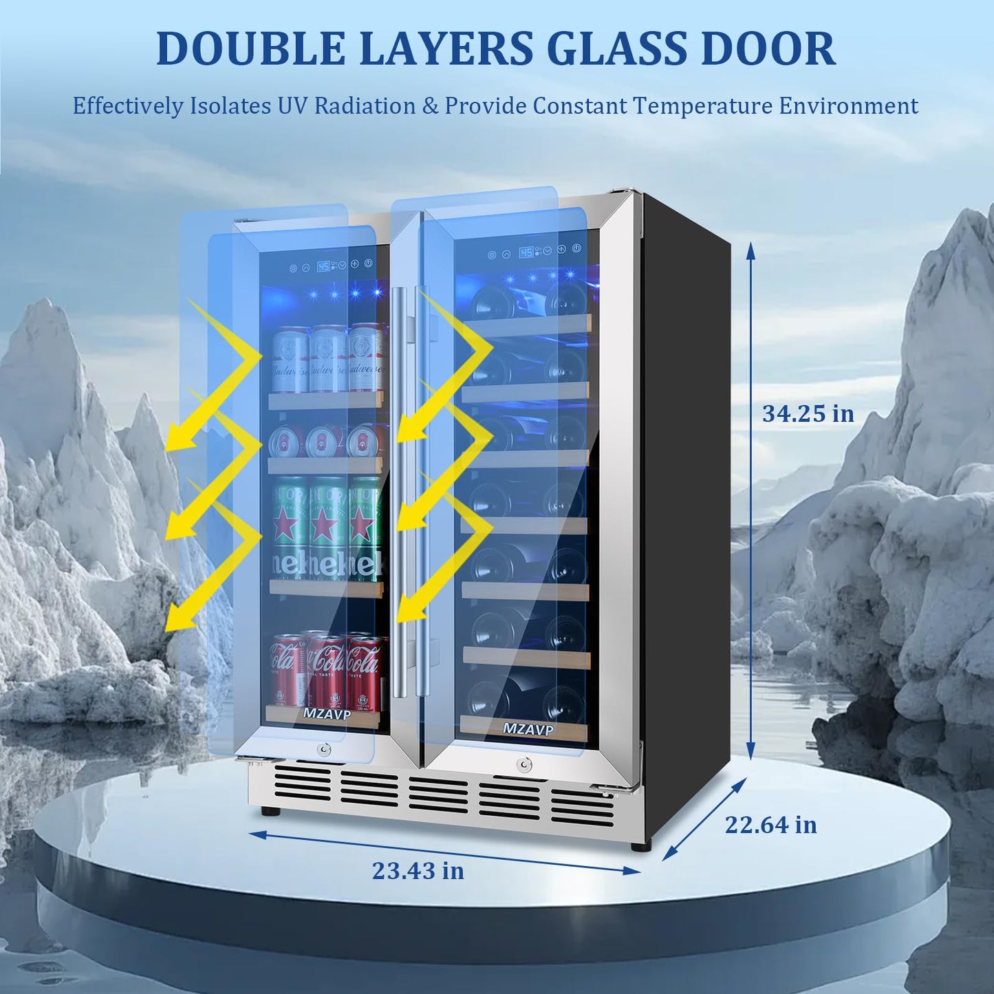 MZAVP 24 Inch Wine and Beverage Refrigerator, Dual Zone Beverage Cooler with Glass Door, Built-In or Freestanding Wine Fridge with Fast Cooling, 20 Bottles and 88 Cans Large Capacity