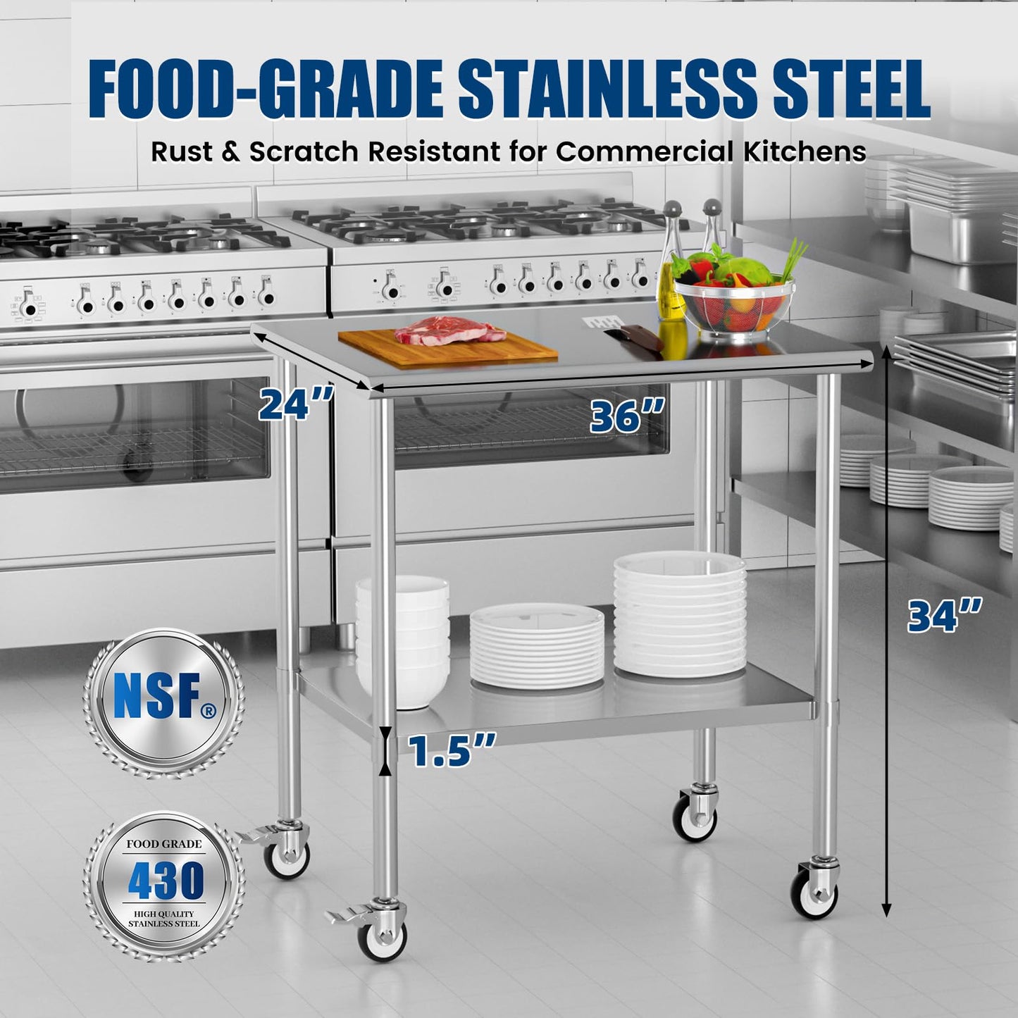Chingoo Stainless Steel Work Table with Wheels, 24x36 Inch NSF Kitchen Prep Table with Adjustable Undershelf for Commercial Restaurant, Garage, Outdoor BBQ