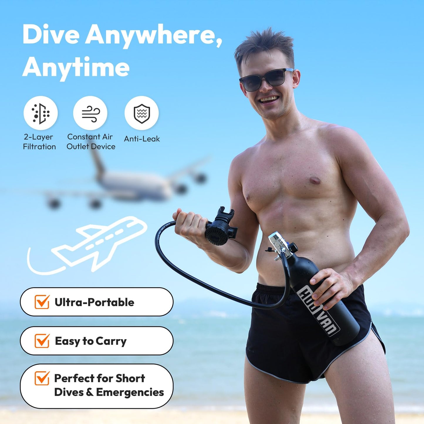 HOUVAN S400 Mini Scuba Tank 1.0L Scuba Tank Portable Diving Tank with On-Off Valve Reusable Underwater Breathing Pony Bottle for Underwater Exploration Emergency/Recreation