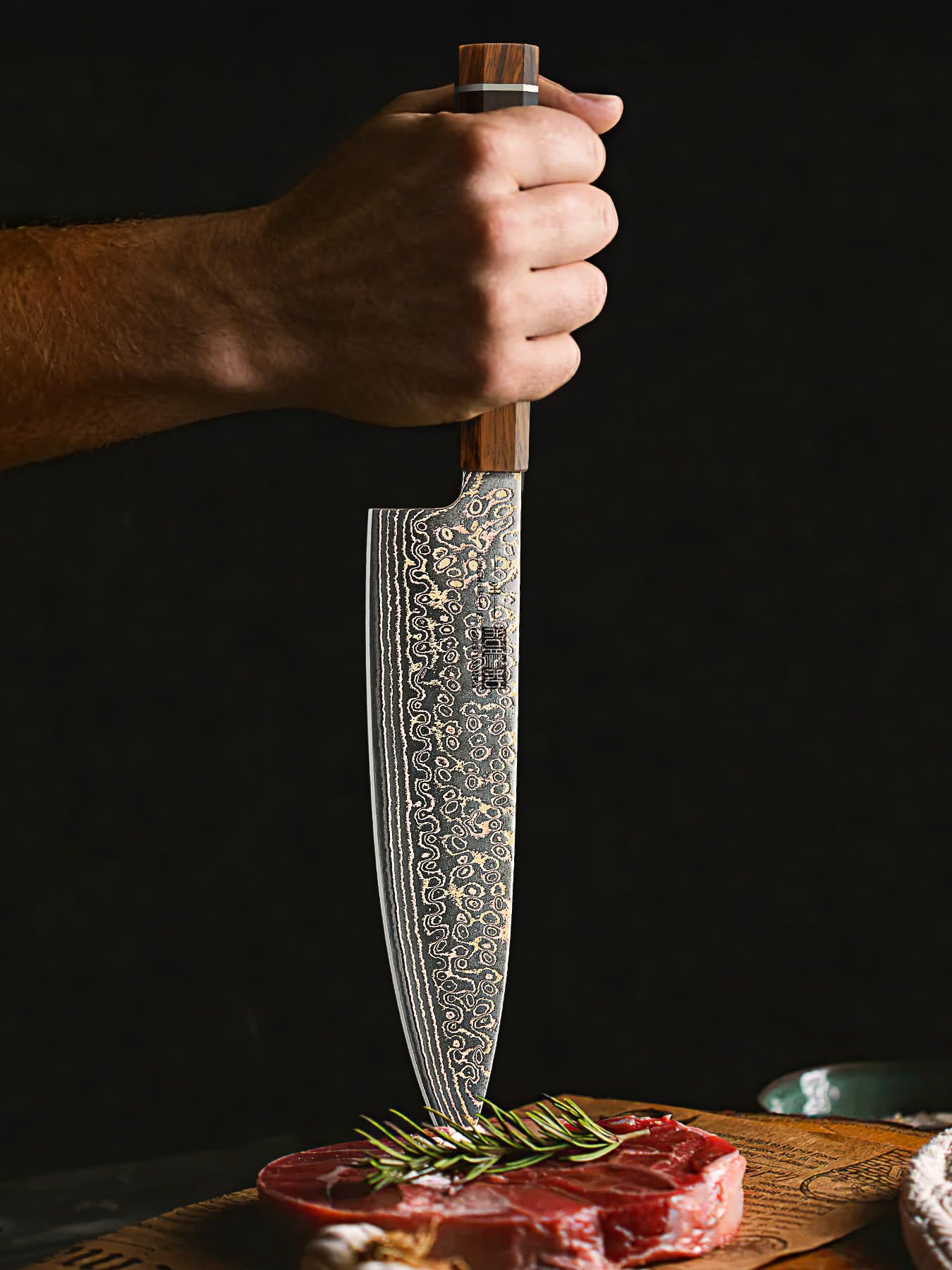 HOSHANHO Damascus Japanese Chef Knife 8 Inch, 33-Layer Copper & Damascus Steel Kitchen Knife, Ultra Sharp Professional Cooking Knives with Ergonomic Ebony Handle