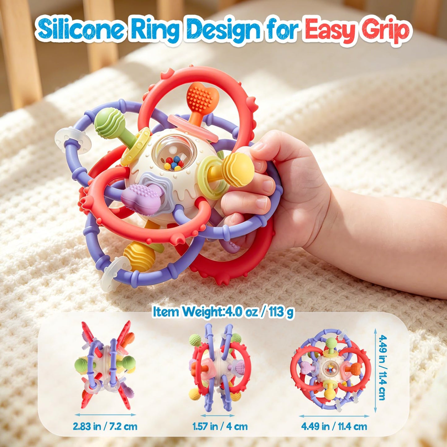 Baby Sensory Teething Toys 0-6 6-12 Months, Multi-Functional Baby Teether & Rattle Toy, BPA-Free Silicone Baby Chew Toy for Teething Relief, Ideal Newborn Infant Shower Gifts for Boys Girls
