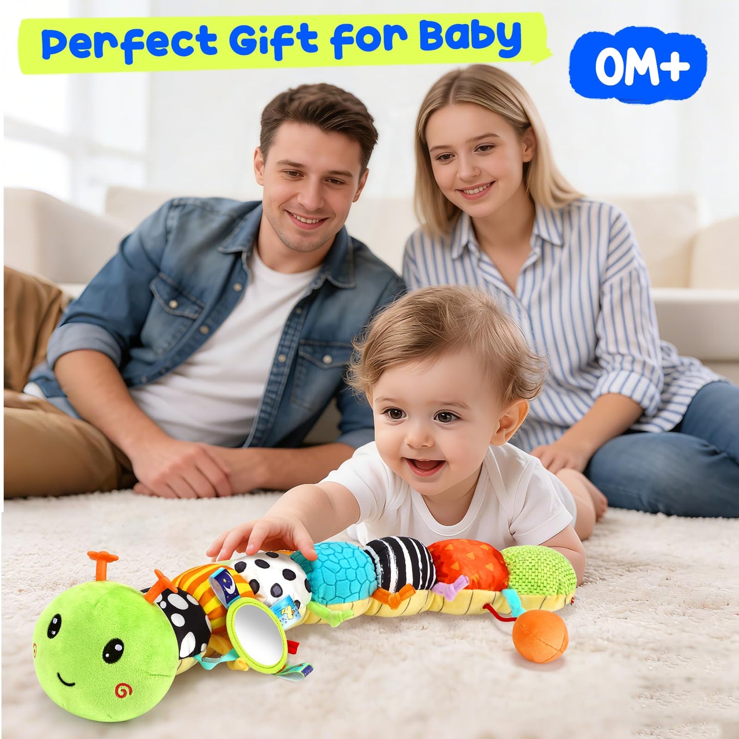 Baby Stuffed Caterpillar Toys for 0-6 6-12 Months, Musical Animal Sensory Toys for Infant 3 6 9 12 18 Months, Tummy Time Toys with Mirror Rattle Crinkle for Newborn Boys Girls Shower Gifts