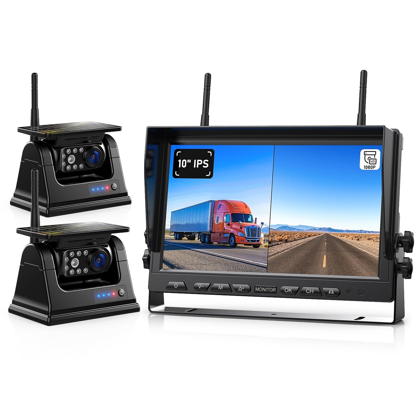 ZEROXCLUB Magnetic Solar Wireless Backup Camera HD 1080P 10" DVR Monitor, Dual RV Cameras Wireless System for Hitch Towing Travel RV Camper 5th Wheel, Built-in 9600mAh Battery & Solar Panel, BD102