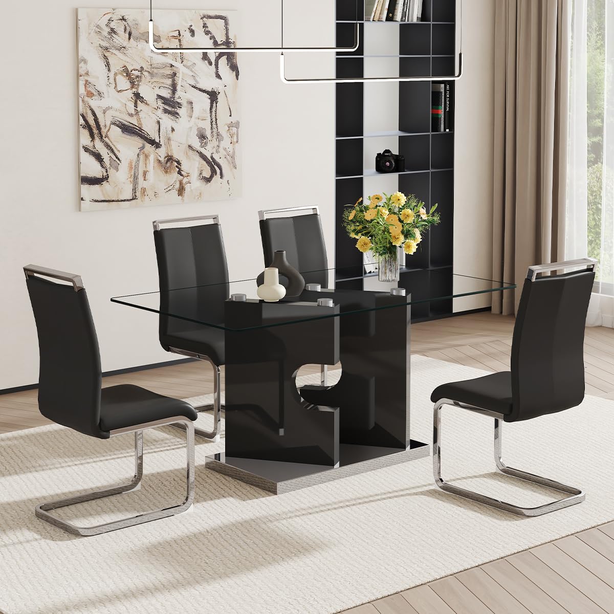 JEARGE Glass Dining Table Set for 4,Dining Room Table Set for 4 with PU Leather Chairs,Retangular Dining Tabletop with MDF Legs and Sliver Base for Dining Room (Black Chair, 1 Table + 4 Chairs)