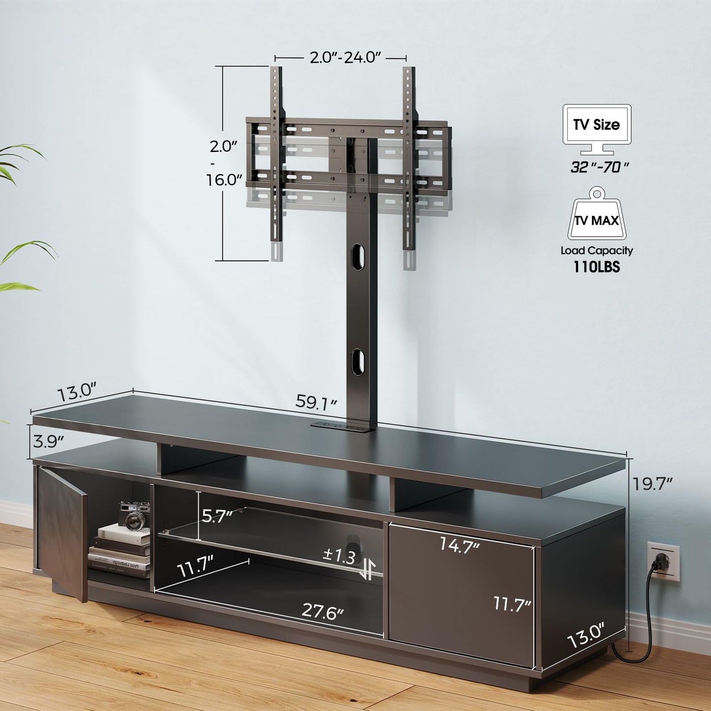 Rolanstar TV Stand with Mount and Power Outlet 59.1", Swivel TV Stand Mount for 32/45/55/60/65/70 inch TVs, Height Adjustable Modern Entertainment Center with Storage & LED Lights, Black TV Table