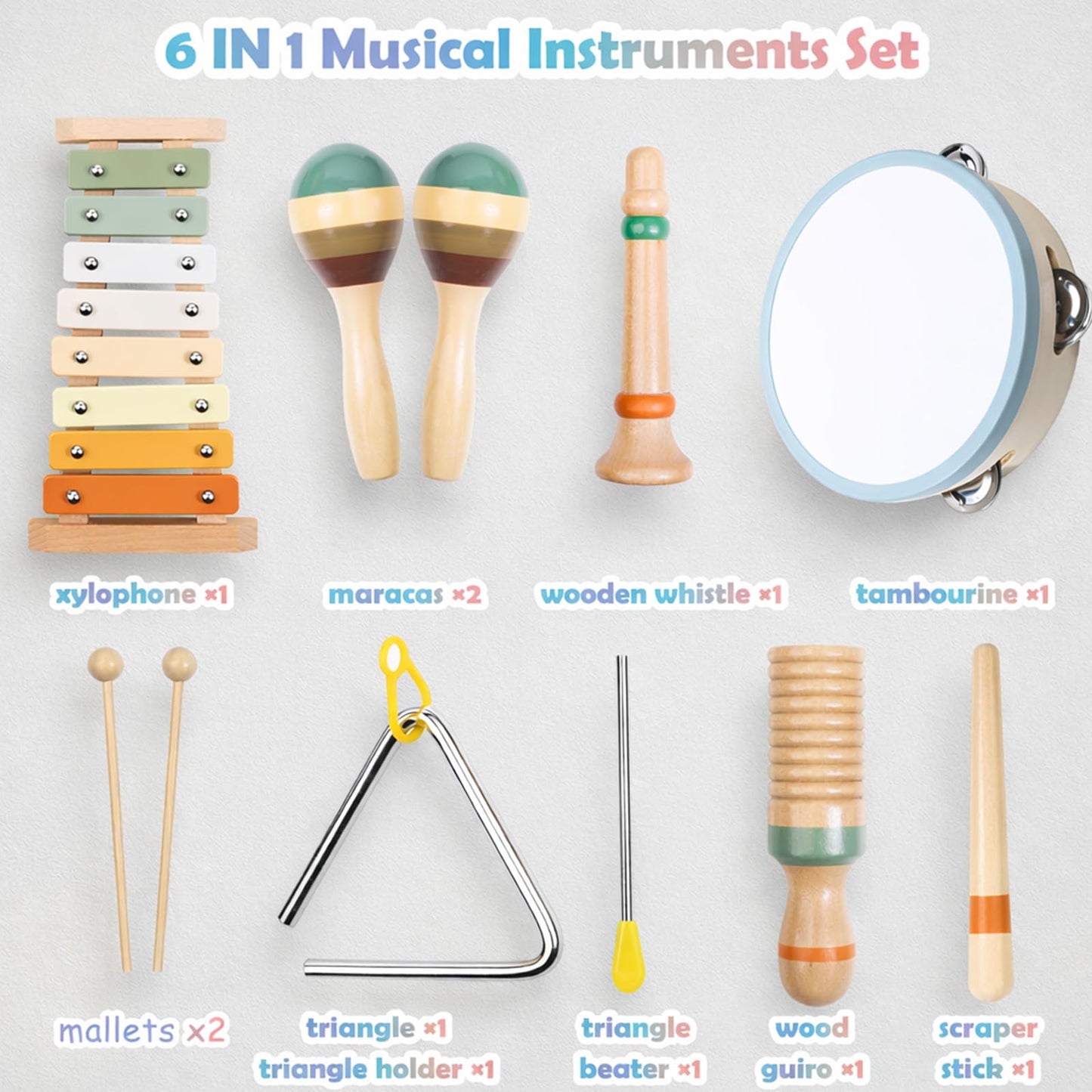 Baby Musical Instruments Set - Montessori Wooden Baby Musical Toys, Toddler Percussion Instruments Xylophone Maracas Tambourine for Toddlers 1-3, 1 2 3 Year Old Girls Boys Birthday Music Toys Gifts