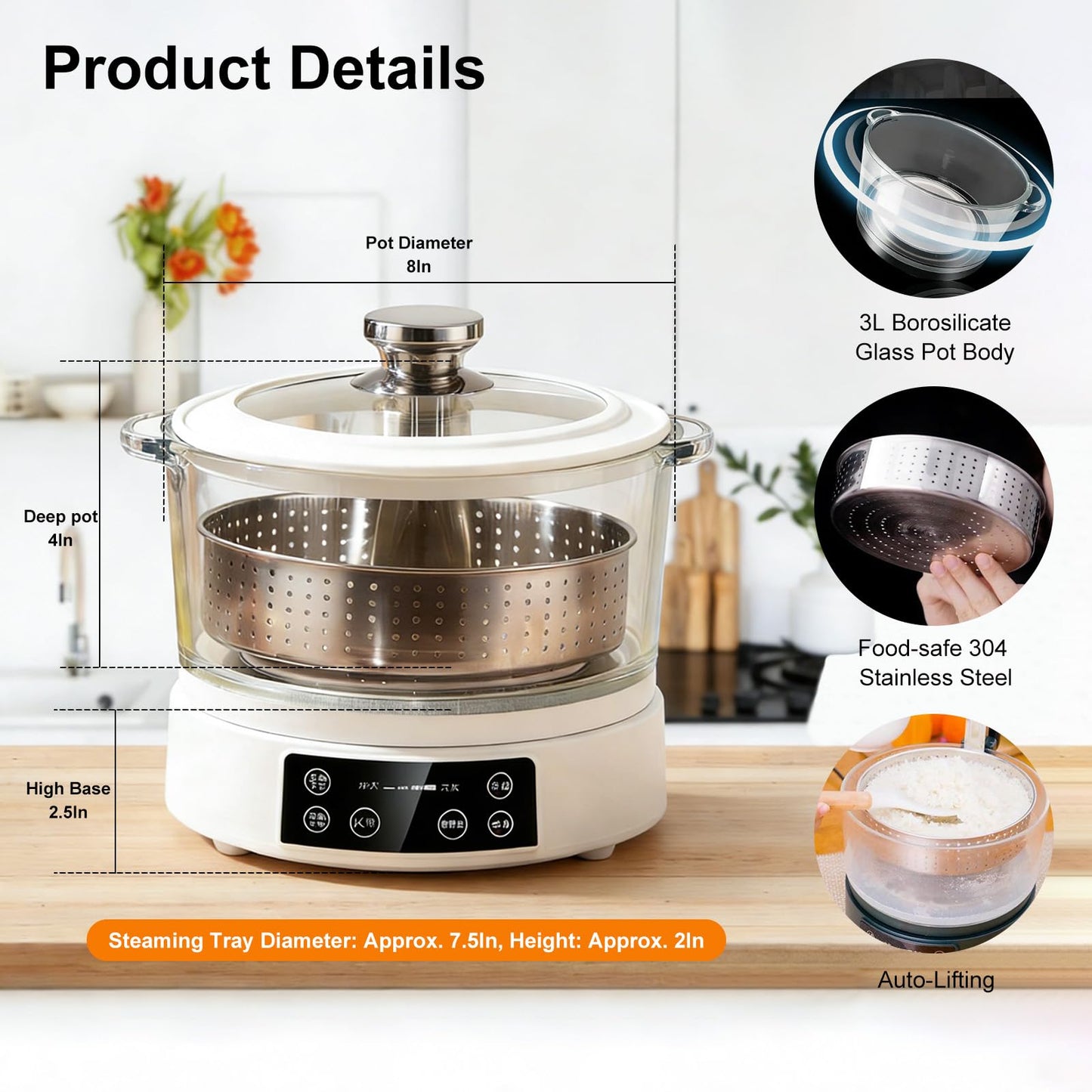 3L Low Carb Rice Cooker - 4H Keep Warm, Low Sugar Rice Cooker with Auto-Lift Basket with Steaming, Boiling and Hotpot in One