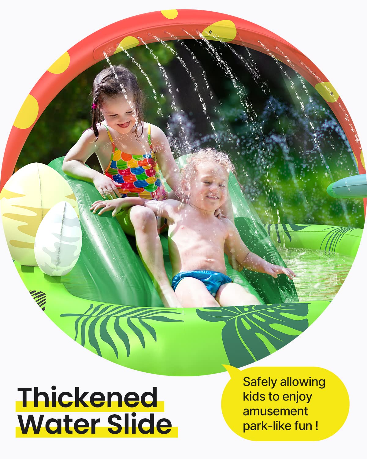 Inflatable Kids Pool, Airefina Dino Planet Inflatable Play Center Kiddie Pool with Water Slide, Ultra Thick 97"x76"x41" Toddler Pool with Play Ball Hoop, for Backyard, Garden, Water Park, Ages 3+