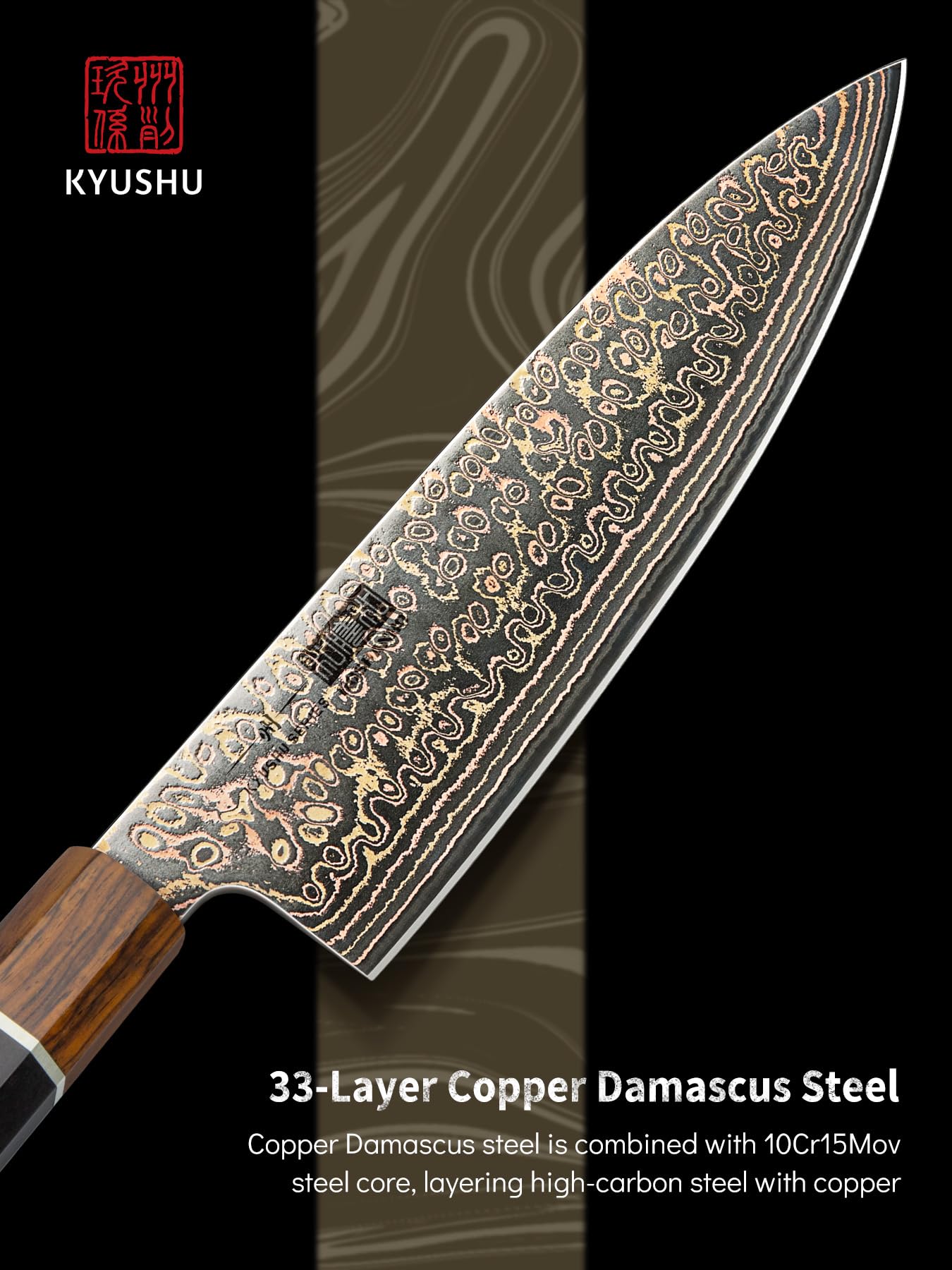 HOSHANHO Damascus Japanese Chef Knife 8 Inch, 33-Layer Copper & Damascus Steel Kitchen Knife, Ultra Sharp Professional Cooking Knives with Ergonomic Ebony Handle