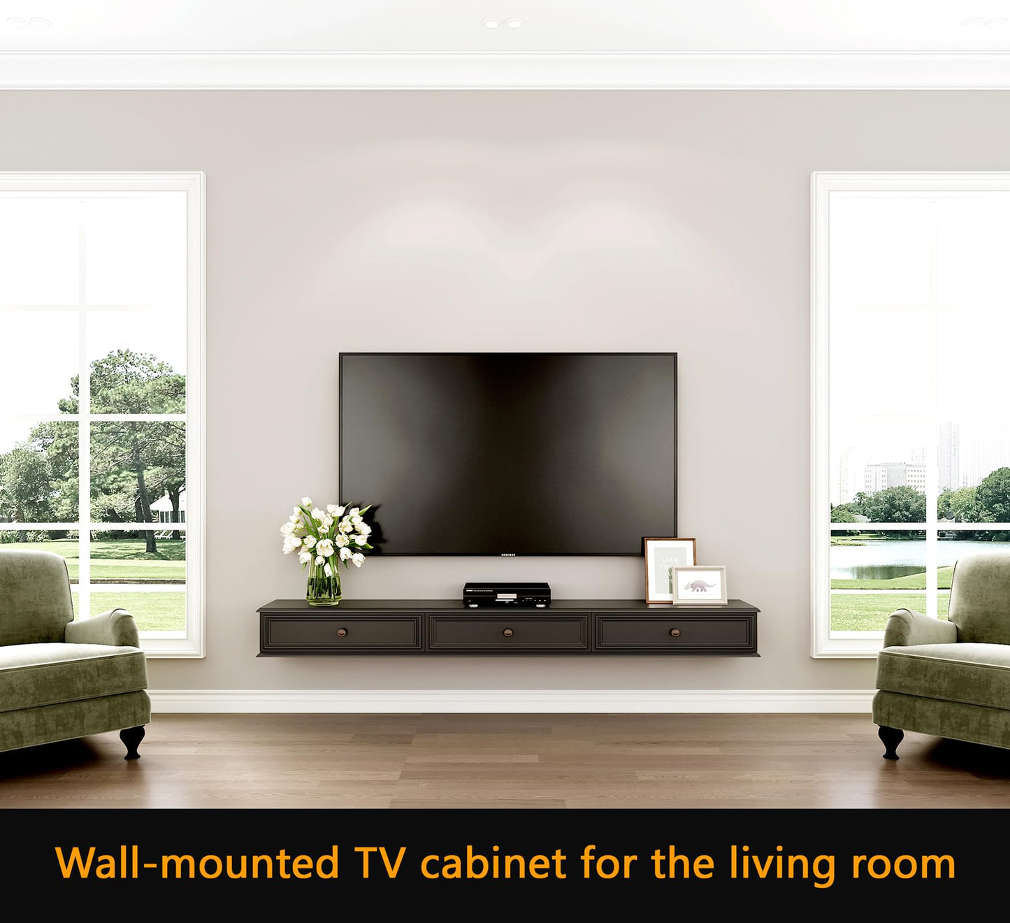 YeTrini 70-inch Wall-Mounted TV Stand, Accommodates 50- to 75-inch TVs, Features Hidden Cable Management, high Weight Capacity, and Space-Saving Black Floating TV Stand