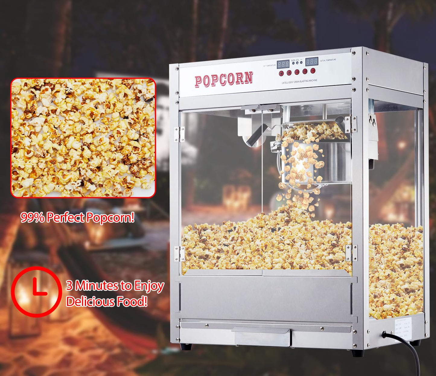 RIEDHOFF 8 OZ Popcorn Machine, [3 Mins Get 40 Cups] [Temperature Control] [Digital Display] Popcorn Maker Machine with 10 Pcs Popcorn Buckets, Old Fashion Movie Theater Style- Sliver