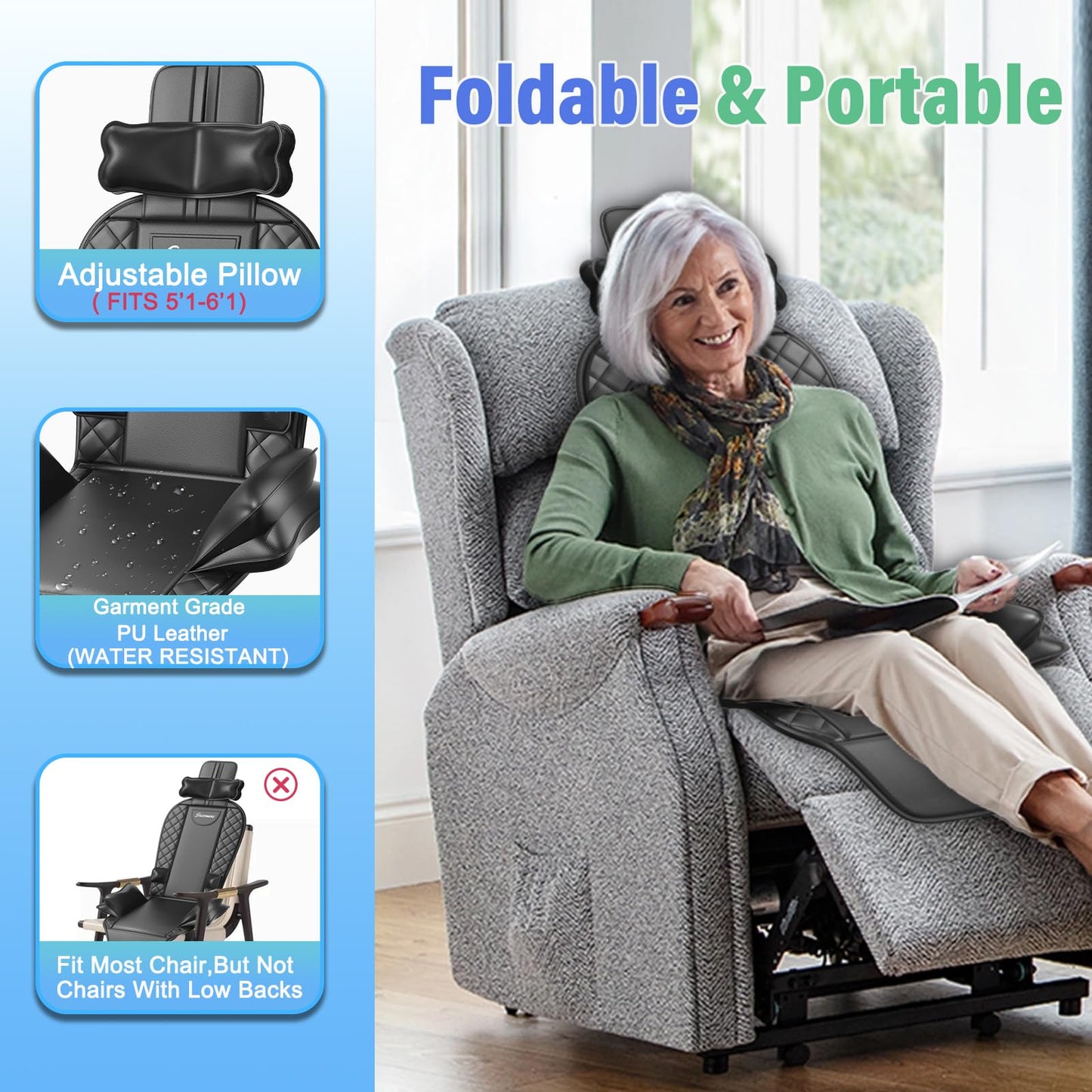 comrelax Back Massager with Heat & Traction & Vibration, Seat Massager Pad for Pain Relief Deep Tissue, Lumbar Traction, PU Leather, Foldable, for 5’ to 6’1”, Massage Chair Pad for Office Home