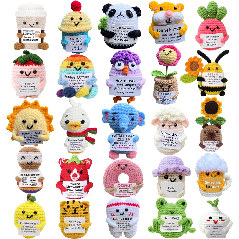 25PCS Positive Crochet Animals Bulk, Mother's Day Basket Stuffers, Employee Appreciation Gifts Bulk, Inspirational Crochet Animals Birthday Gifts for Women Men, Team Staff Teacher Appreciation Gift