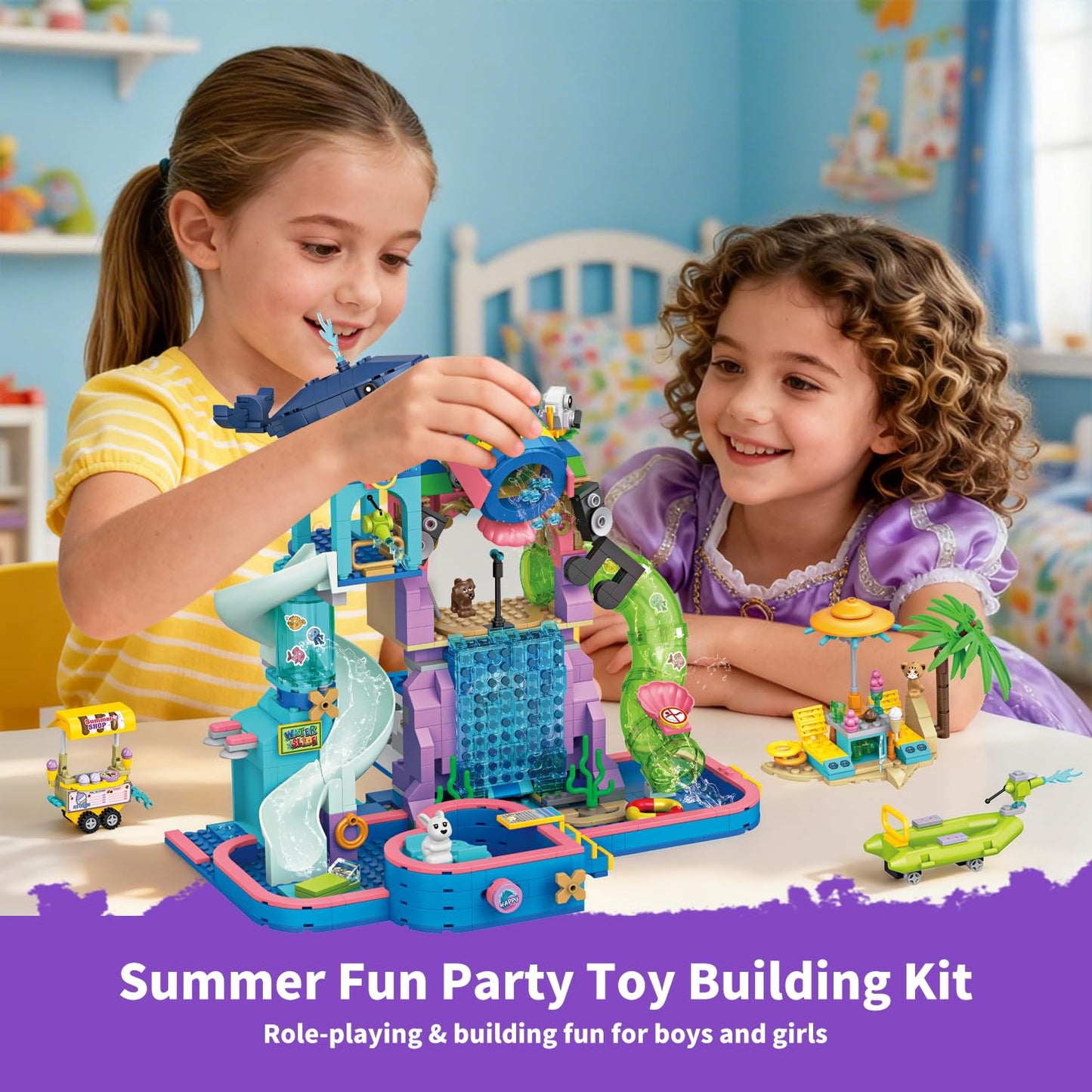 WinGift 1150Pcs Friends Water Park Building Set, STEM Summer Fun Party Toy with Swimming Pool Slides,Water Canons,Diving Platform,Animal, Pretend Play Kit for kids, Birthday Gifts for Girls Ages 6-12+