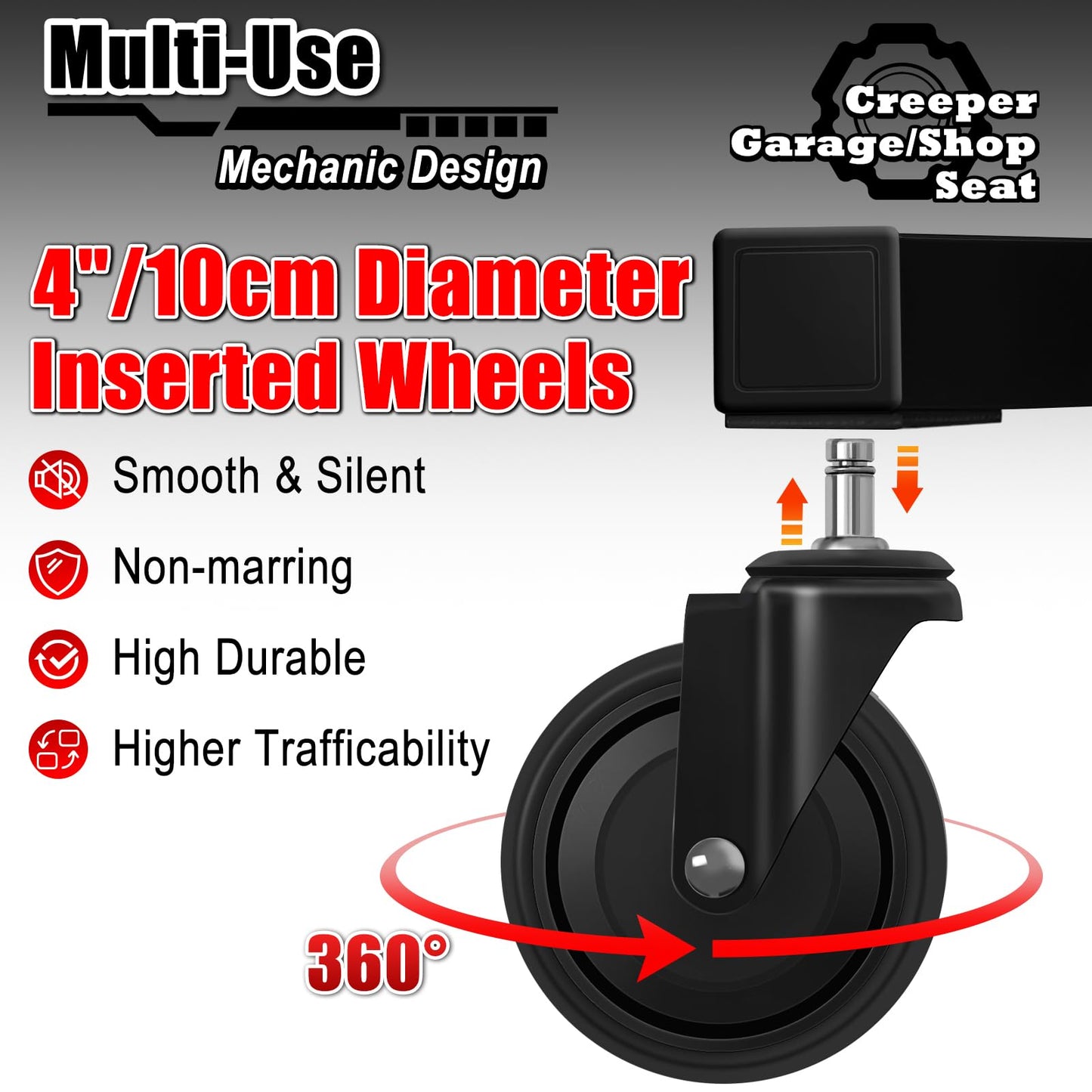 FreekyFit Mechanic Stool with Wheels, Hydraulic Adjustable Shop Stool on Wheels, Garage Work Rolling Chair for Workshop, 400 LBS Capacity, 4 Inch Casters, 360° Swivel Casters Roller Chair, Black