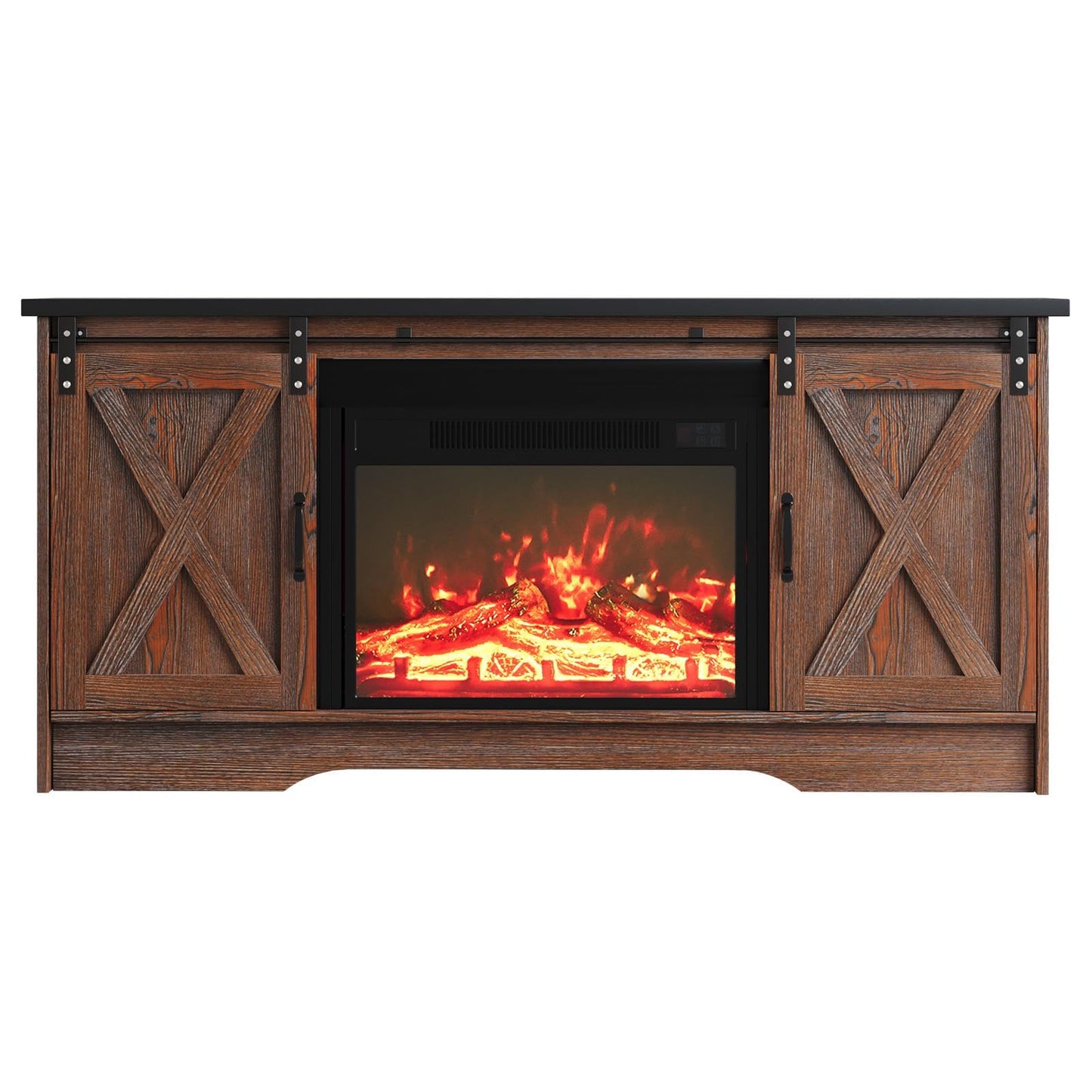 4 EVER WINNER Fireplace TV Stand with Fireplace, Sliding Barn Door, Adjustable Storage Cabinets, Farmhouse Entertainment Center with Fireplace for 65" TV, TV Stands for Living Room, Brown & Black