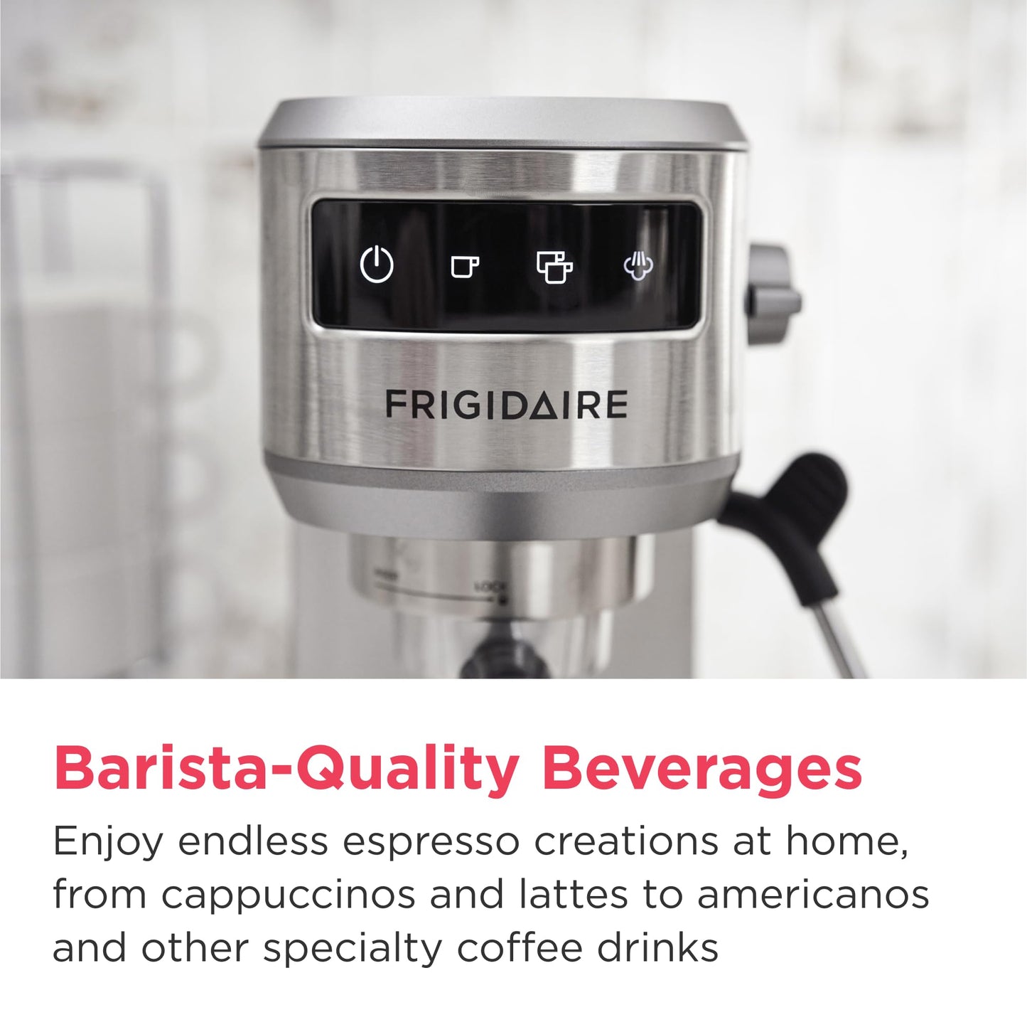 Frigidaire Steam Espresso Maker, Coffee Machine with Milk Frother & Cup Warmer, 20 Bar Pressure, 34 oz Removable Water Tank, Single or Double Shot, Stainless Steel