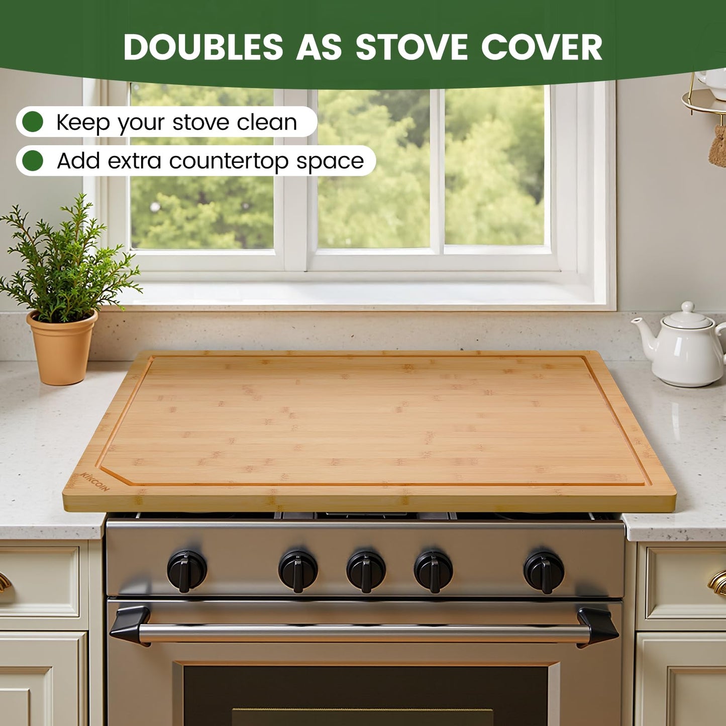 Kikcoin 36”×24” Bamboo Cutting Boards for Kitchen, Heavy Duty Wooden Cutting Boards, Healthy Extra Large Chopping Boards with Deep Juice Groove and Handle, Oversized Stove Top Cover, Natural