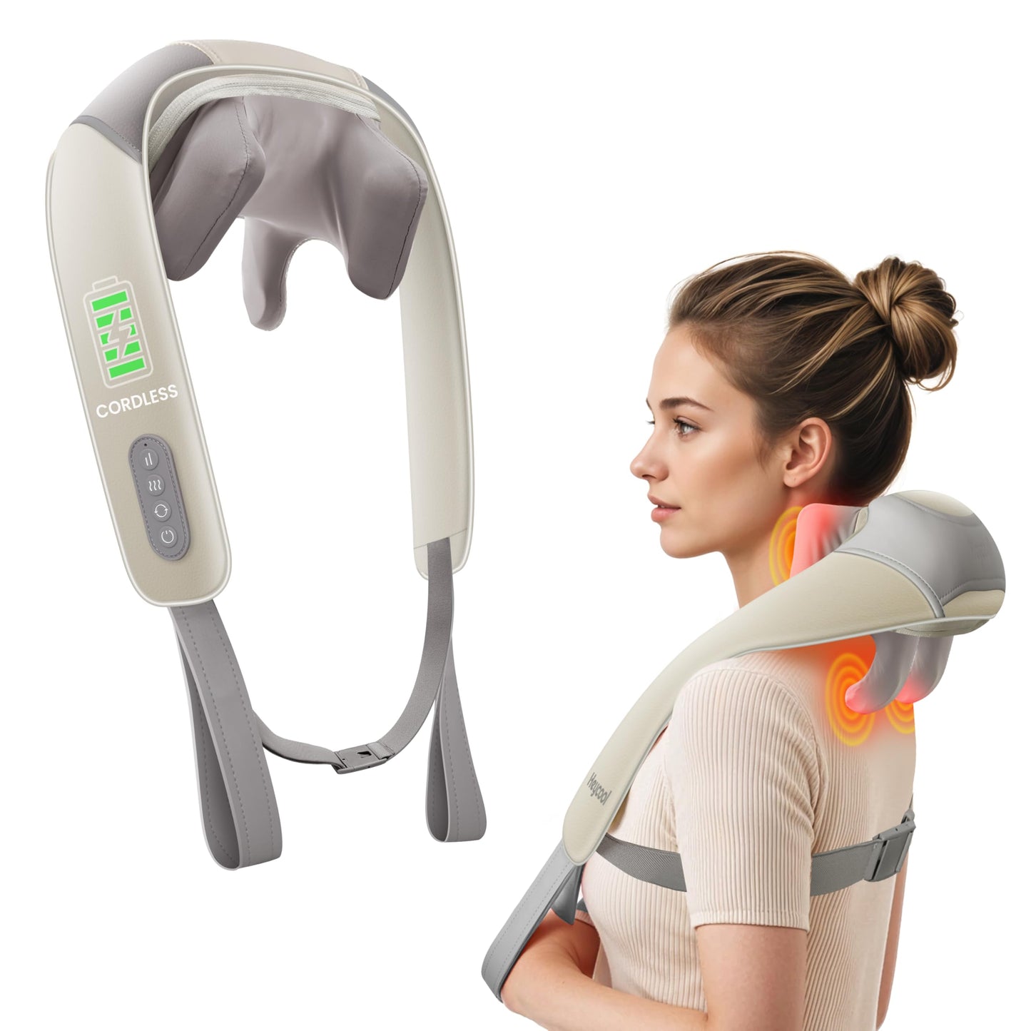 Heycool Cordless Neck Massager with Heat, 4D Deep Kneading Neck Shoulder Massager for Pain, Wireless Shiatsu Back Massager Pillow, Gifts for Men, Women Rechargeable