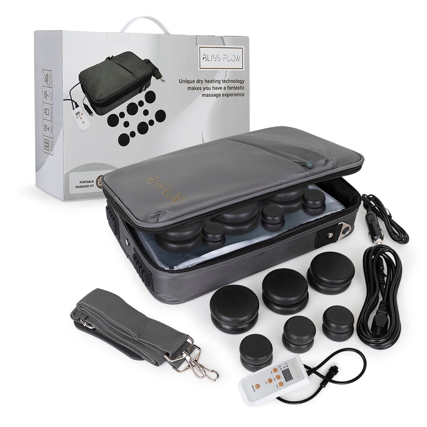 BlissFlow Hot Stones Massage Set with Warmer Kit – 12 Basalt Massage Stones – Digital Electric Stone Warmer & Portable Heater – Hot Stones for Massage in Travel Carrying Bag