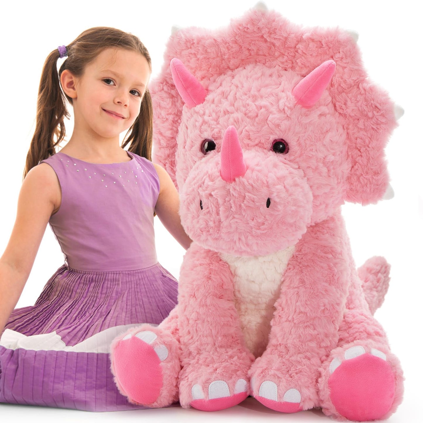 Tezituor Large Pink Dinosaur Stuffed Animals, 24inch Large Stuffed Dinosaur Plush Toys for Boys Girls, Hugging Soft Dino Triceratops Plush Pillow Praty Valentine's Day Gift for Girlfriend
