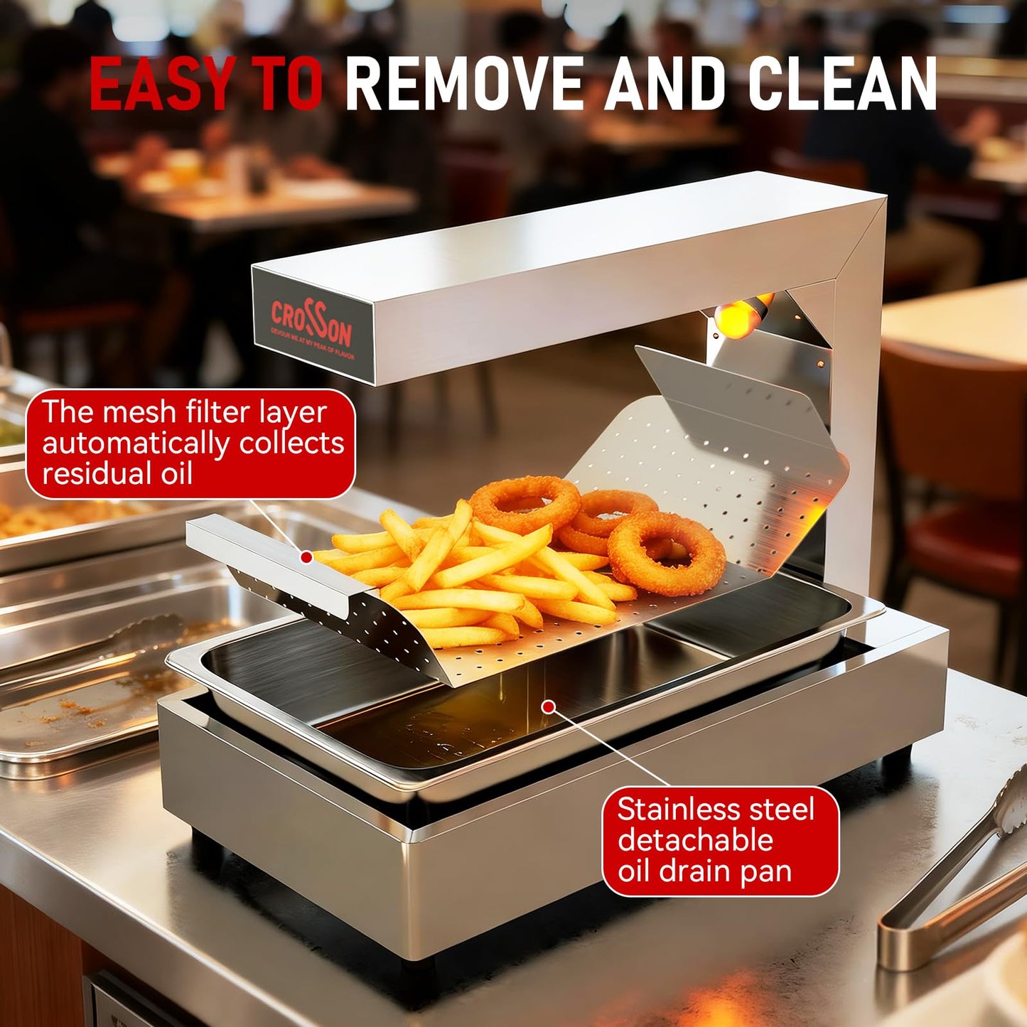 CROSSON French Fry Food Warmer, Commercial French Fry Heat Lamp Electric Stainless Steel Fries Dump Station Countertop 5-Level Adjustable Heating Duration for Food Truck Restaurant Parties 600W