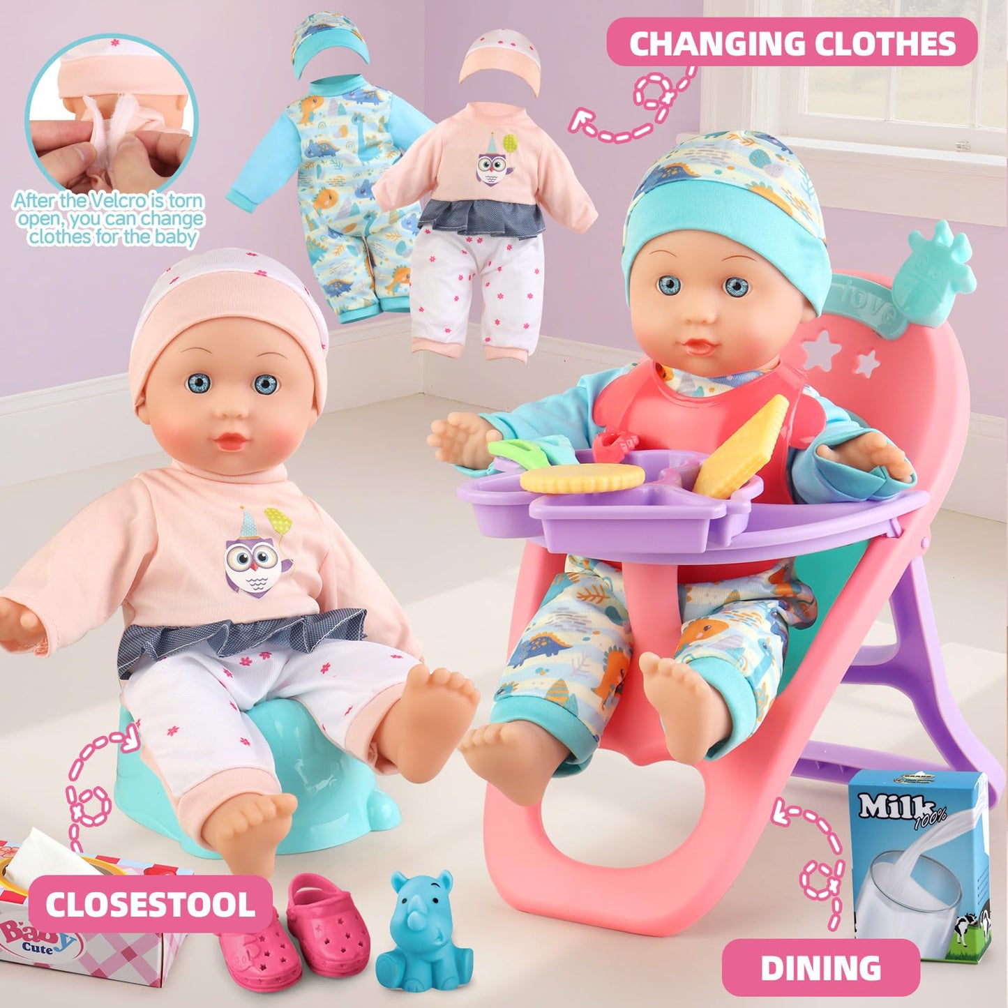 YIYBM Baby Doll Stroller Play Set with 12.5" Baby Doll,Dining Chair, 2 Sets Clothes and 20 PCS Doll Accessories. Stroller Toy for 3, 4, 5, 6 Year Old Toddler Girls for Realistic Pretend Play.