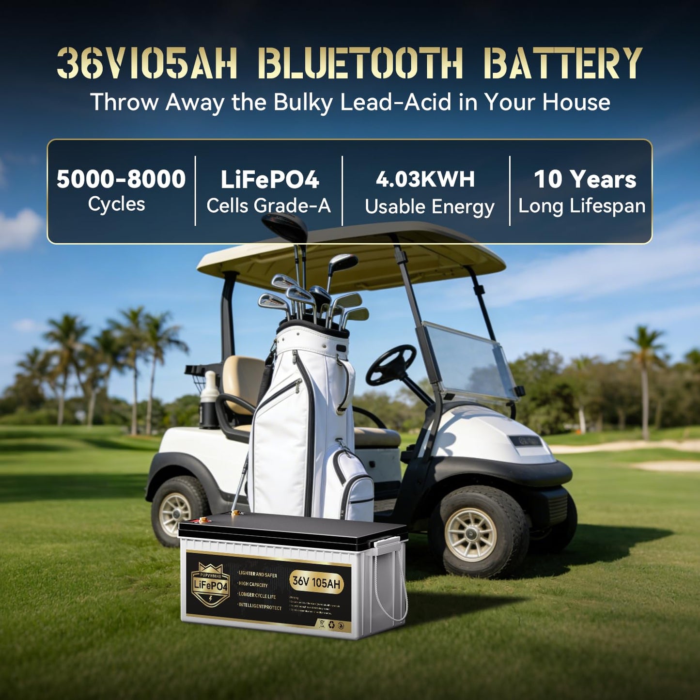 36V 105Ah Lithium Golf Cart Battery, 36 Volt LiFePO4 Battery, built-in Bluetooth 200A BMS and LCD display, IP65, with 43.8V 25A lithium battery charger, perfect for golf carts,Trolling Motor