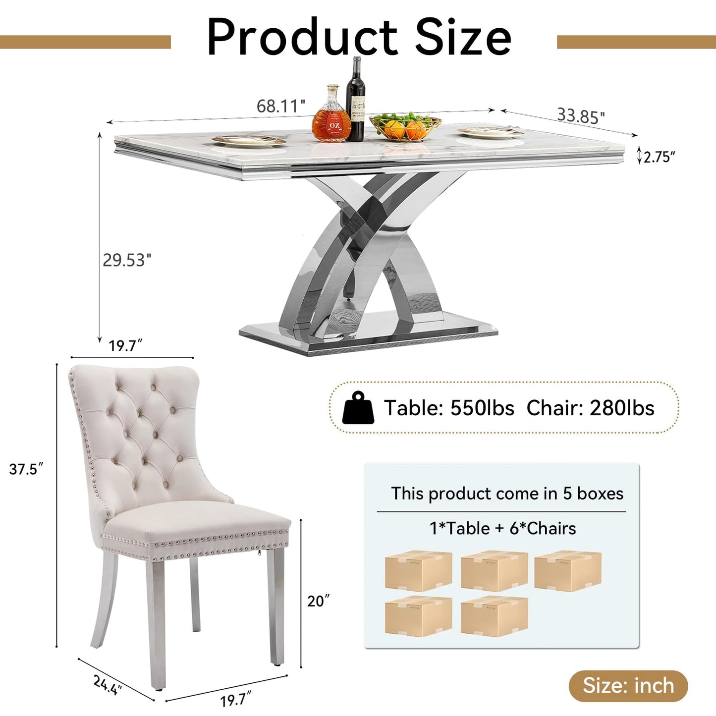 Pvillez 68.11" Marble Dining Table Set, White Dining Table with 6 Beige Velvet Chairs, Rectangle Kitchen Table and Chair Set with Silver Stainless Steel Base, Luxury 7 Piece Dining Set for Kitchen