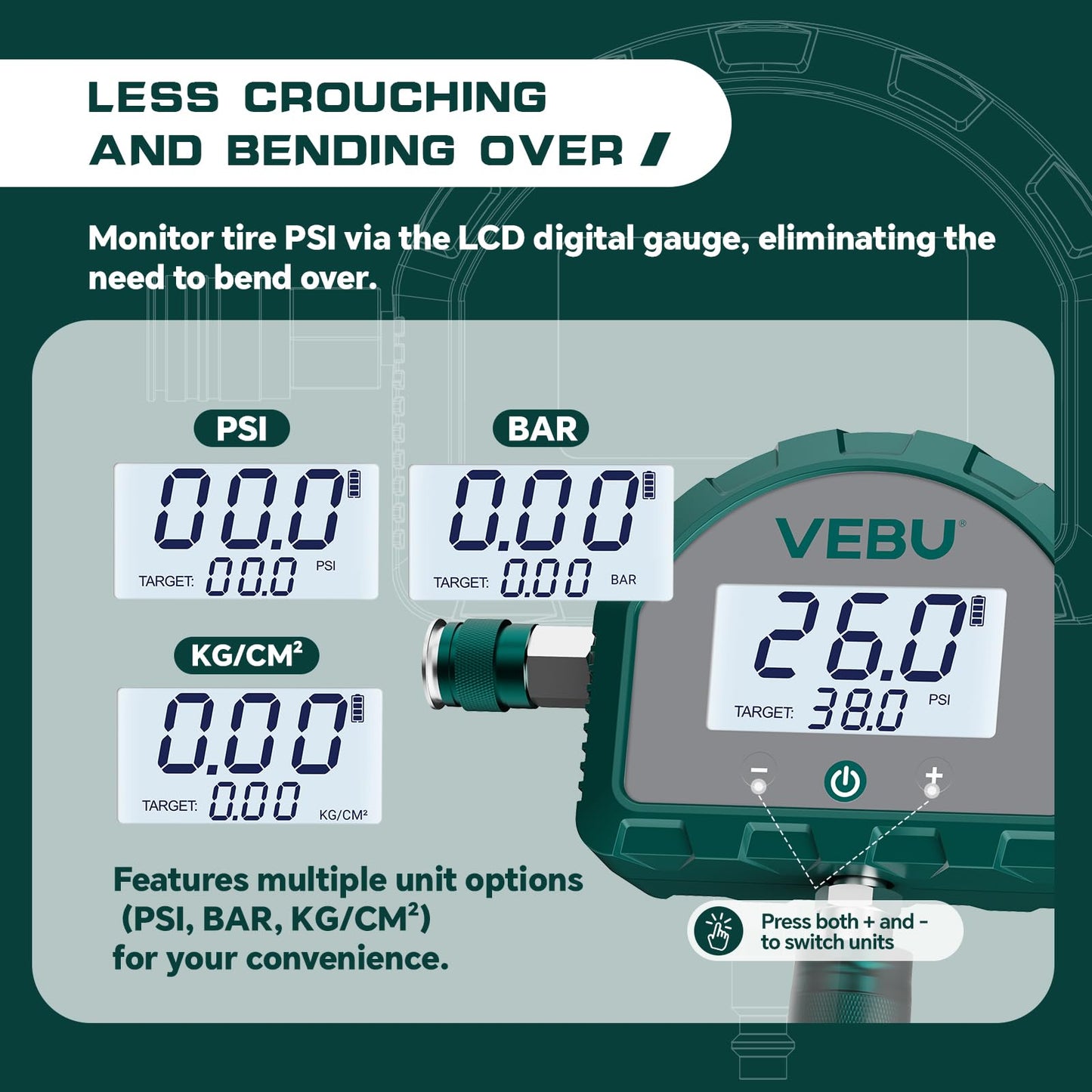 VEBU Auto Shut Off Tire Deflation Inflation Controller, 5-150PSI Air Pressure Manifold with Preset, Memory & Digital Display (Air Hose not Included)