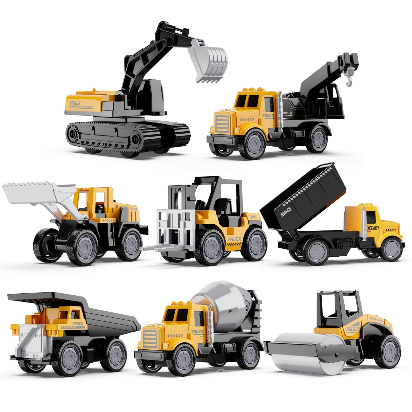 HONGTUO Alloy Mini Construction Vehicles, 8Pcs Die-cast Construction Toys Set, Excavators Mixer Truck Bulldozers Forklift Dump Truck, Pull Back Car Toys for Toddlers Kids Boys & Girls