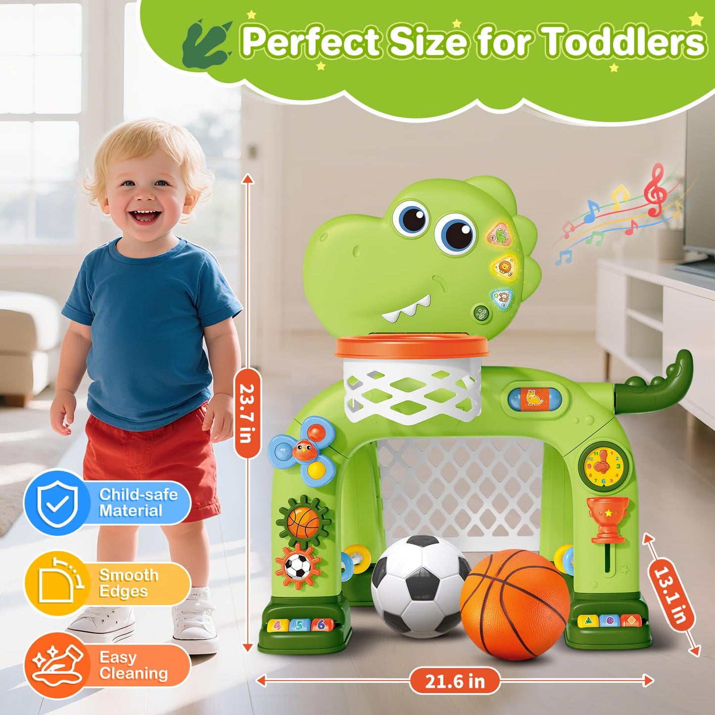 AuroTops Toddler Basketball Hoop & Soccer Goal Toy,Dinosaur Toys with Light & Music,Musical Toys for 1 Year Old Boy Girl Learning Toy for Toddlers 1-3 Birthday Gifts for 1 Year Old Boys