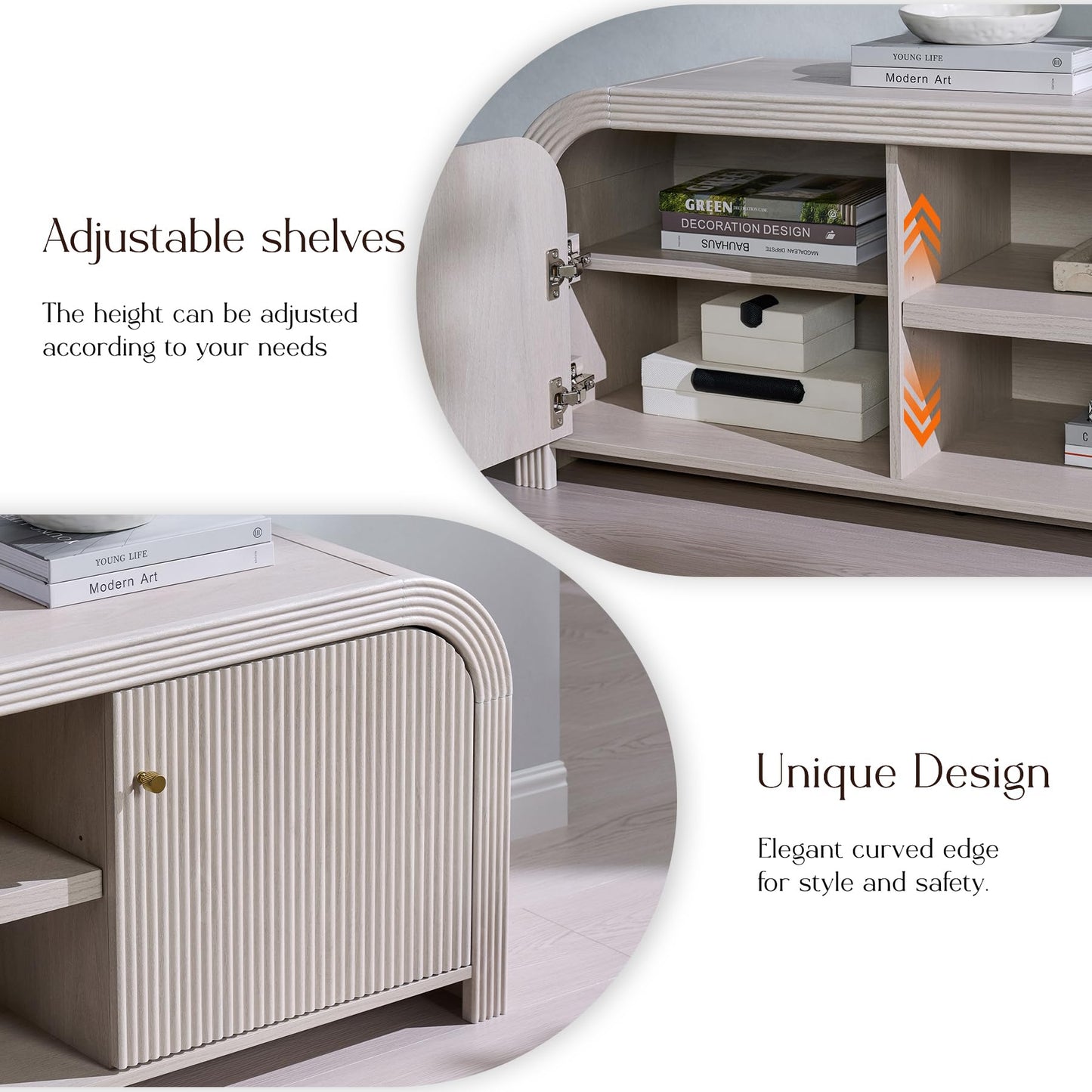 T4TREAM 70" Modern Fluted TV Stand, Long TV Table Entertainment Center with Storage, Media Console for Living Room with Door and Adjustable Shelves (Alder White)