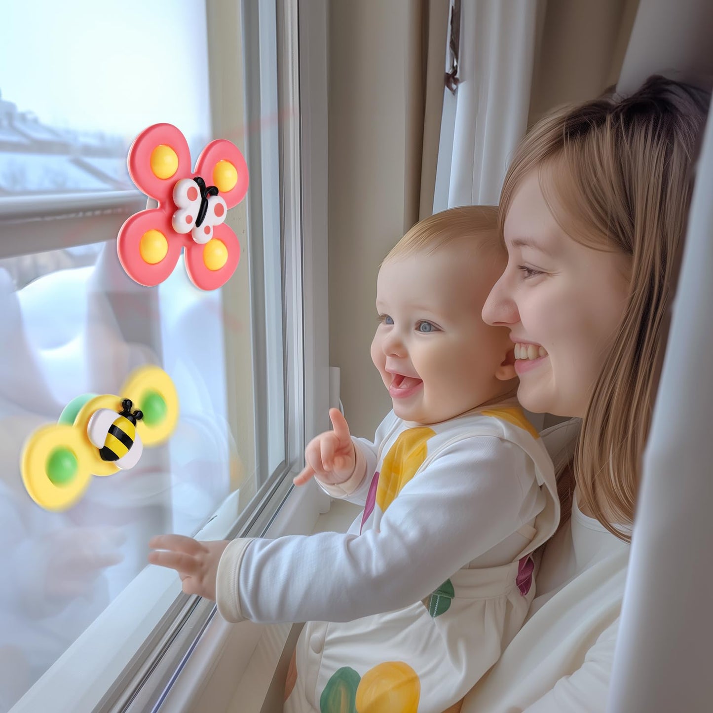 ALASOU 6 PCS Suction Cup Rotating Toys(3 Farm+3 Bee) for Infant and Toddlers