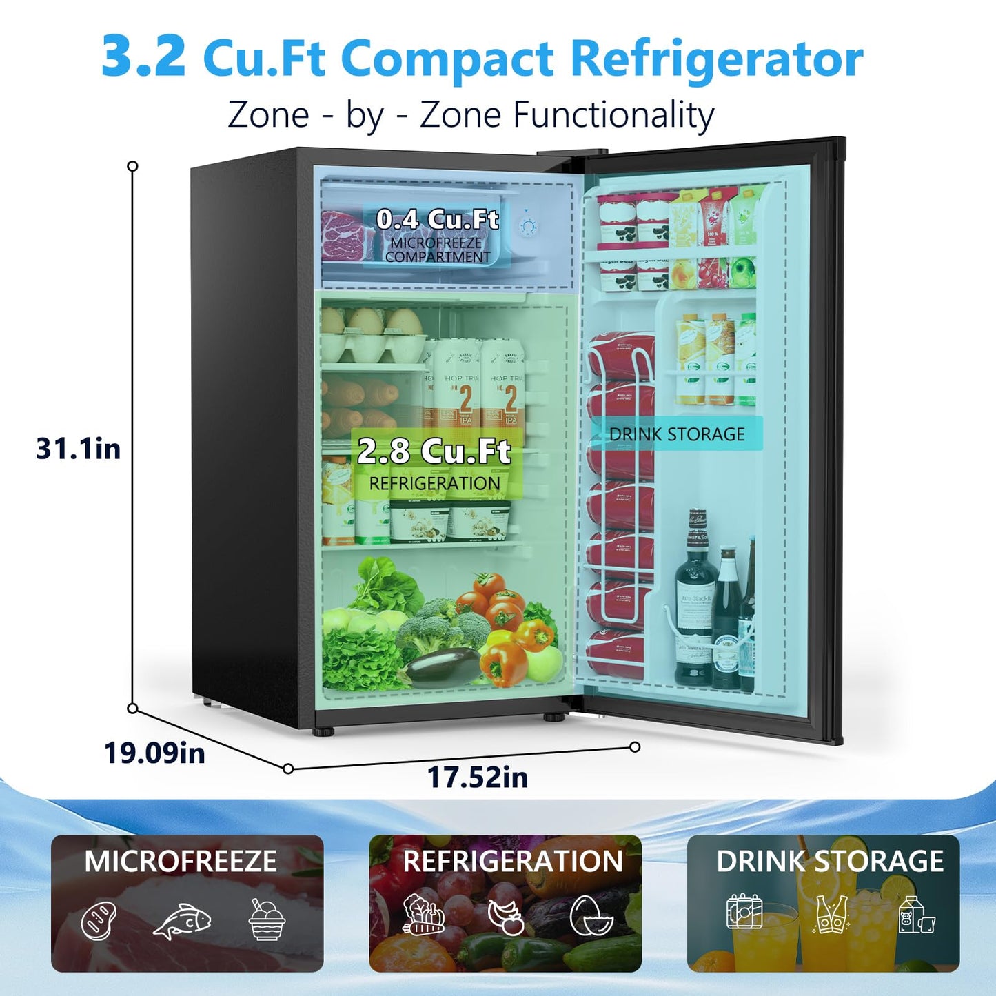 COWSAR 3.2 Cu.Ft Dorm Fridge with Freezer, Single Reversible Door Compact Refrigerator, Adjustable Thermostat, 2 Removable Shelves, Commercial Drink Fridge for Bedroom, Office, Kitchen, Dorm, Black