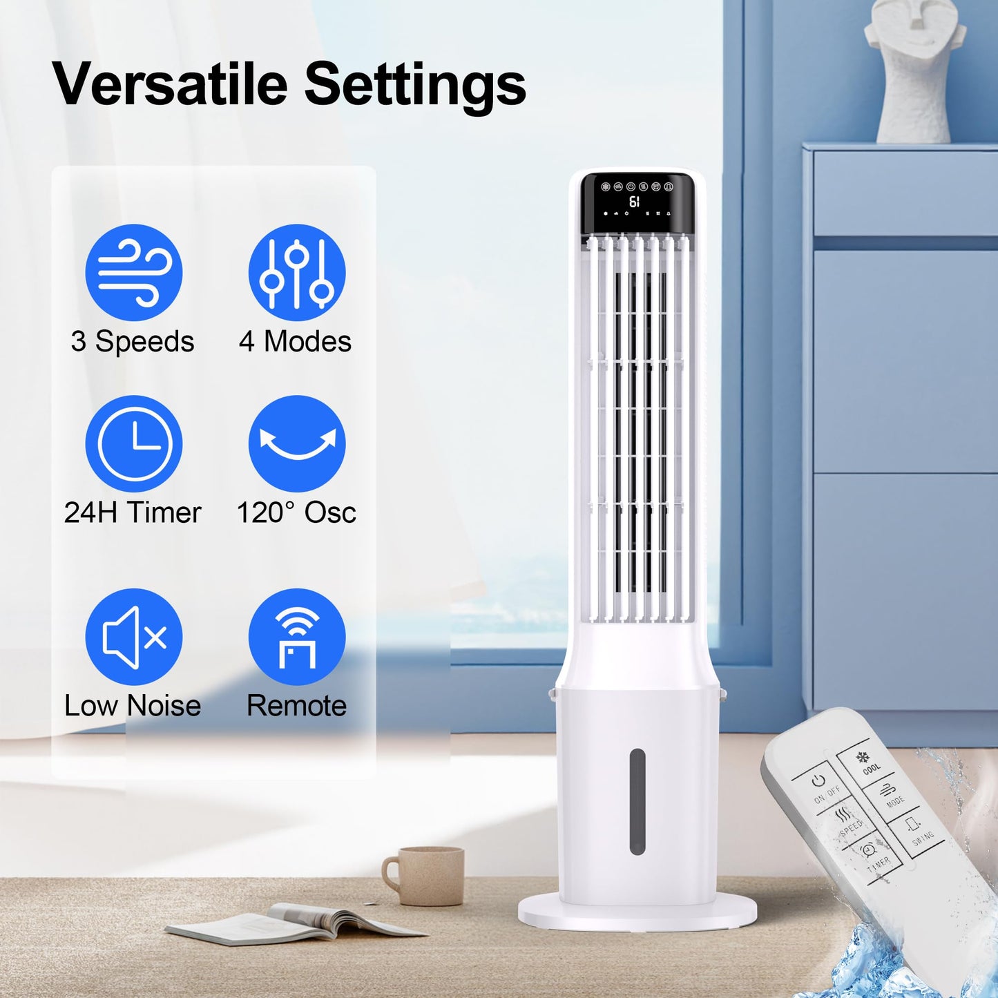 Uthfy 41 Inch Portable Air Conditioners, Cooling Fans that Blow Cold Air with 24H Timer, 4 Modes & 3 Speeds, Dual Water Tank, 4 Ice Packs, Remote, 2.4 Gal, Portable AC, 3 In 1 Swamp Cooler for Bedroom