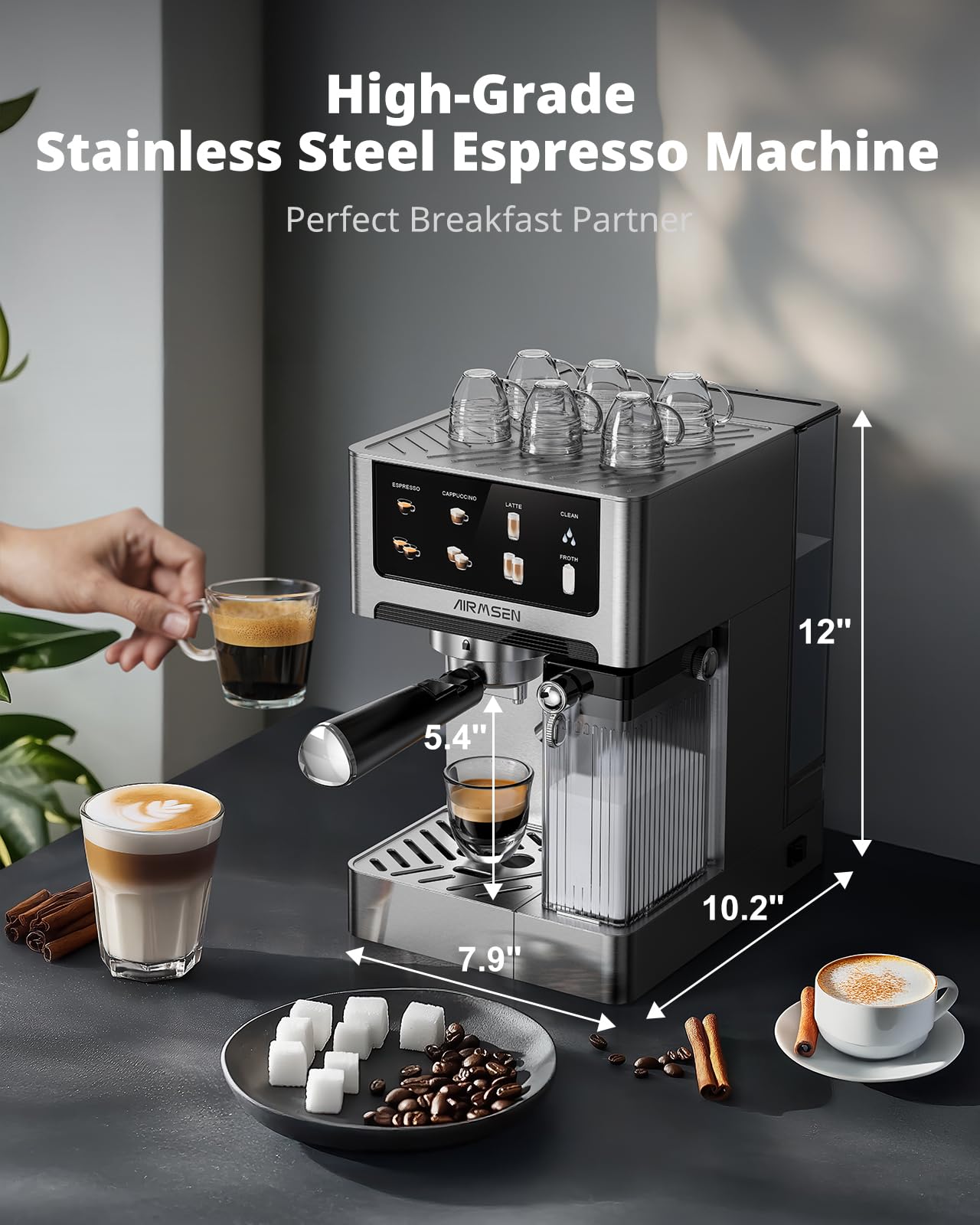 AIRMSEN 20 Bar Espresso Machine with Automatic Milk Frother, Cappuccino & Latte Coffee Maker with Quick Brew Dual Boiler (1350W + 1000W), Stainless Steel, 60oz Water Tank, Touchscreen
