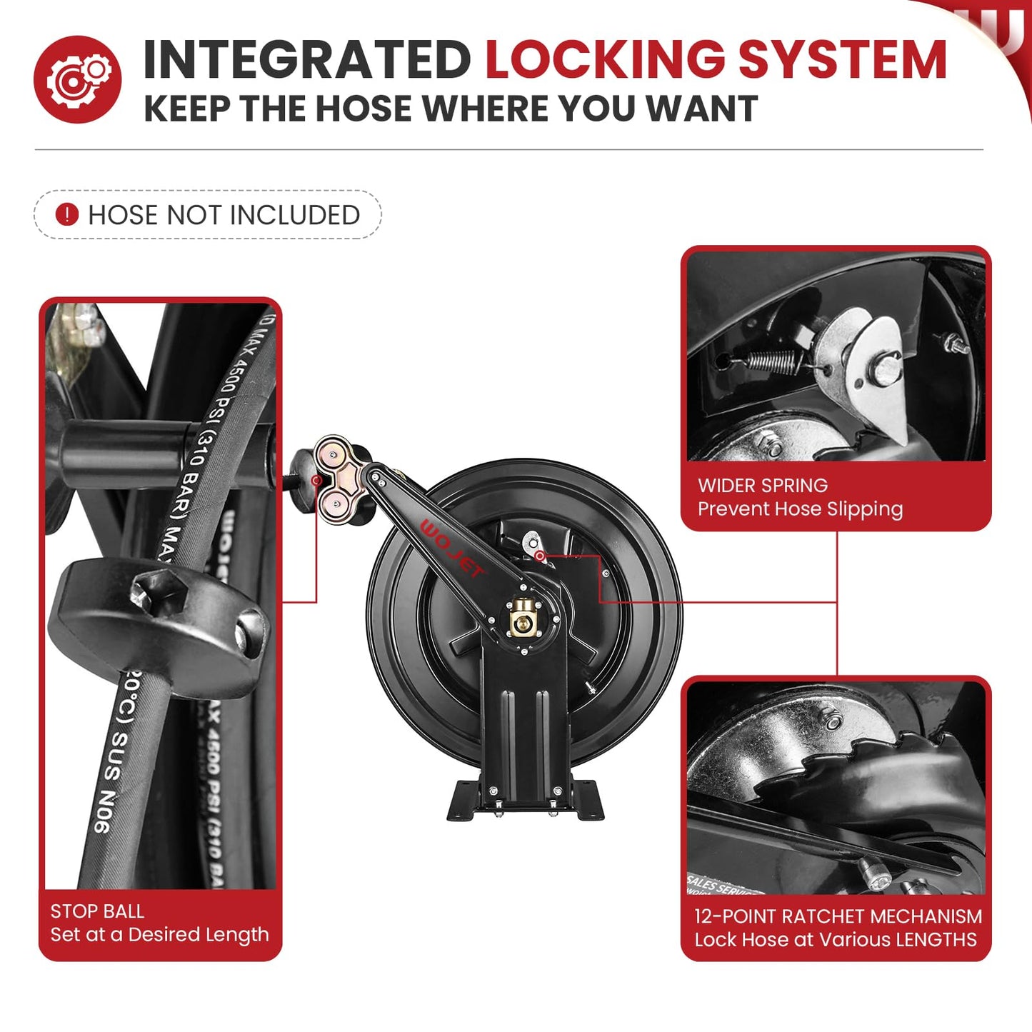 WOJET Pressure Washer Hose Reel 50 ft x 3/8 in, Retractable Hose Reel for Water/Air/Oil, Heavy Duty Hose Reel in Steel, Power Washer Reel with Dual Arm, Auto Rewind, Max 4000PSI (Without Hose)