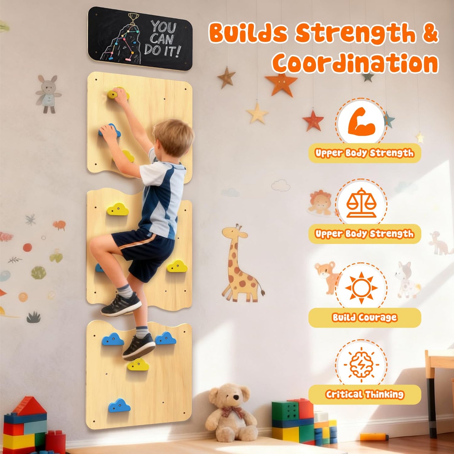 DOLEMODUO Wooden Climbing Wall, Kids Indoor Climbing Wall Panels with 12 Rock Holds, Montessori Climbing Toy for Playroom & Home Gym, Aged 3+