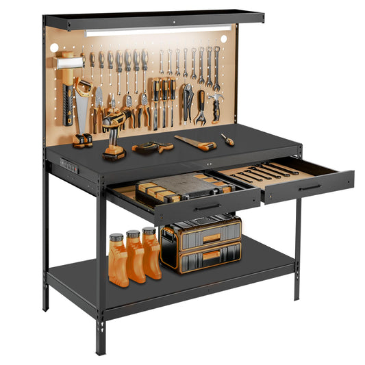 Pterying Work Bench, Garage Storage Workbench with Drawers Pegboard, Work Table, A3 Steel 600LBS Capacity Workbench for Garage Workshop Basement, Tool Table Bench, Dark Black