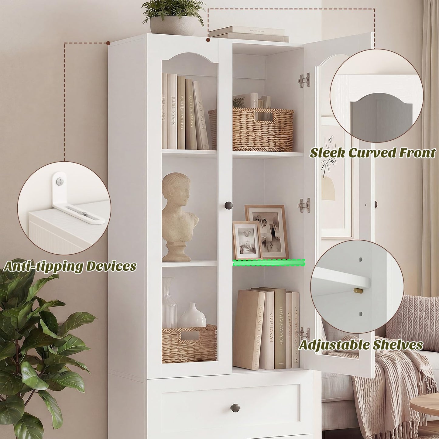 Cyclysio 80" Tall Pantry Cabinet for Kitchen Storage, 2 Set White Pantry Cabinet with Glass Doors & 3 Drawers - Freestanding Storage Bookcase with Built-in Baseboard Notch for Dining, Living Room