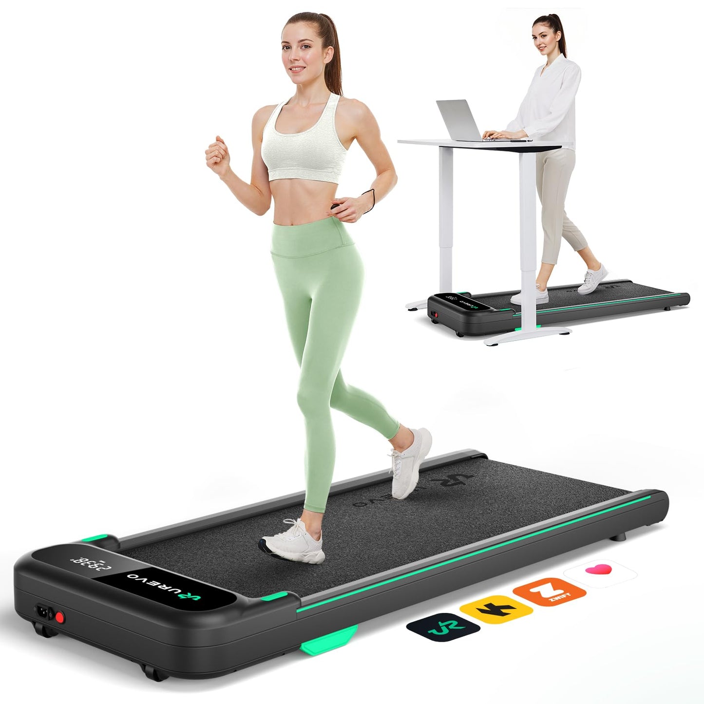 URUREVO Smart Walking Pad, Quiet Under Desk Treadmill with APP & Remote, Portable Shock-Absorbing Walking Jogging Machine, Sleek Compact Design for Home Office Fitness