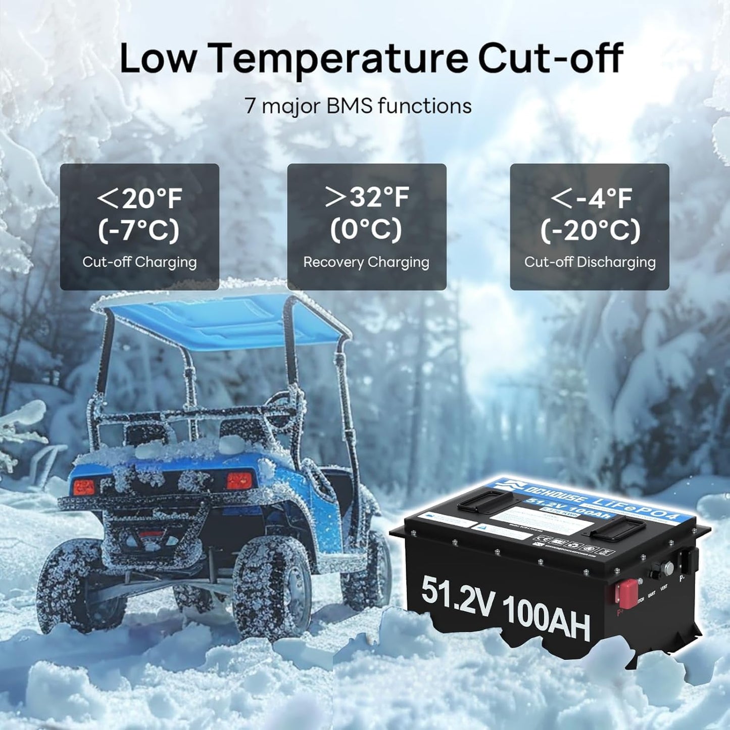 DC HOUSE 48V 100Ah Lithium Golf Cart Battery, Sturdy Metal Case Lifepo4 Battery with 48V 18A Charger, Bluetooth Mobile APP &Touch LCD Monitor, Built-in Smart 200A BMS, Peak Current 1000A Max