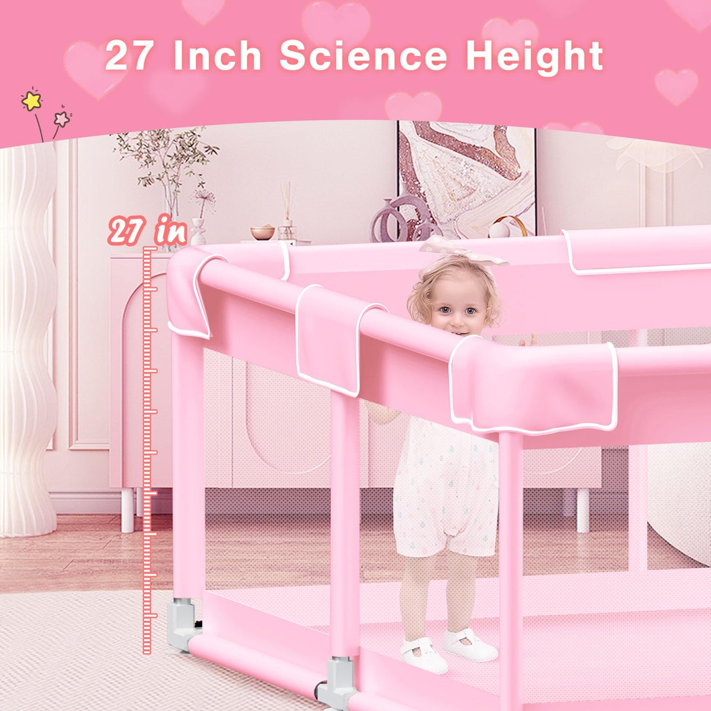 Pink Baby Playpen 50x50 Inches Playpen for Little Princess Play Yards Indoor & Outdoor Sturdy Safety Baby Girls Play Pen with Soft Breathable Mesh Toddlers Activity Center with Anti-Slip Base
