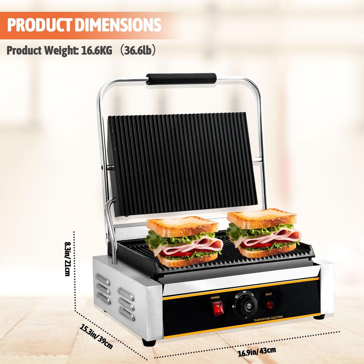 Yingyunvo Commercial Panini Press Grill 2200W Countertop Electric Sandwich Maker with Adjustable Temp Control, Nonstick Coating, Grooved Plates Grill, for Burgers Steaks Panini
