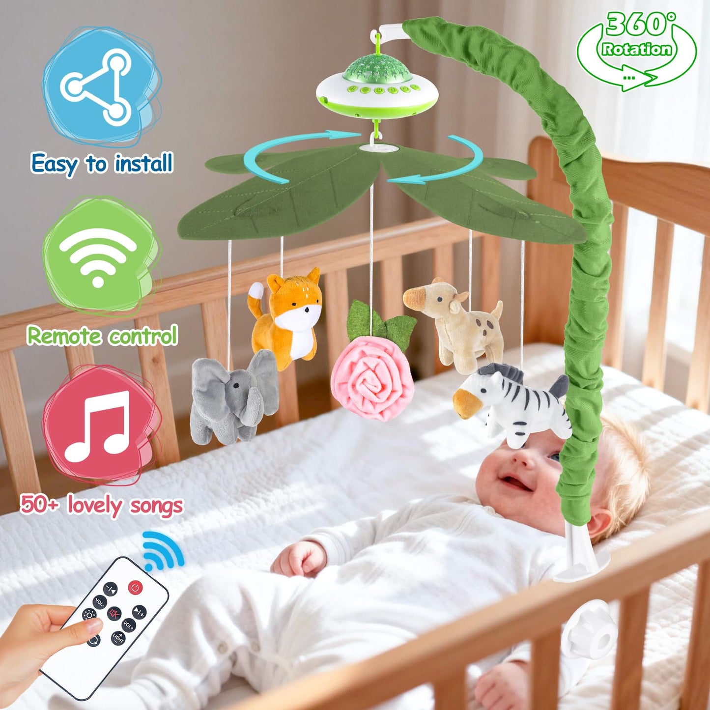 Playix Baby Crib Mobile with Music and Lights, Nursery Baby Mobile for Crib Bassinet with Remote Control, Rotation, Starlight Projection, Crib Toys for Babies Boys Girls Green