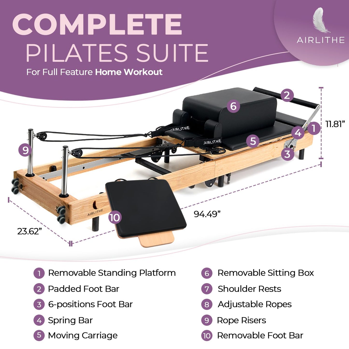 Airlithe Foldable Pilates Reformer Machine|Wooden Frame Reformer Machine with Strings, Versatile Accessories & 50+ Expert-Guided Workouts|Equipment for Strength Training, Rehabilitation, & Flexibility