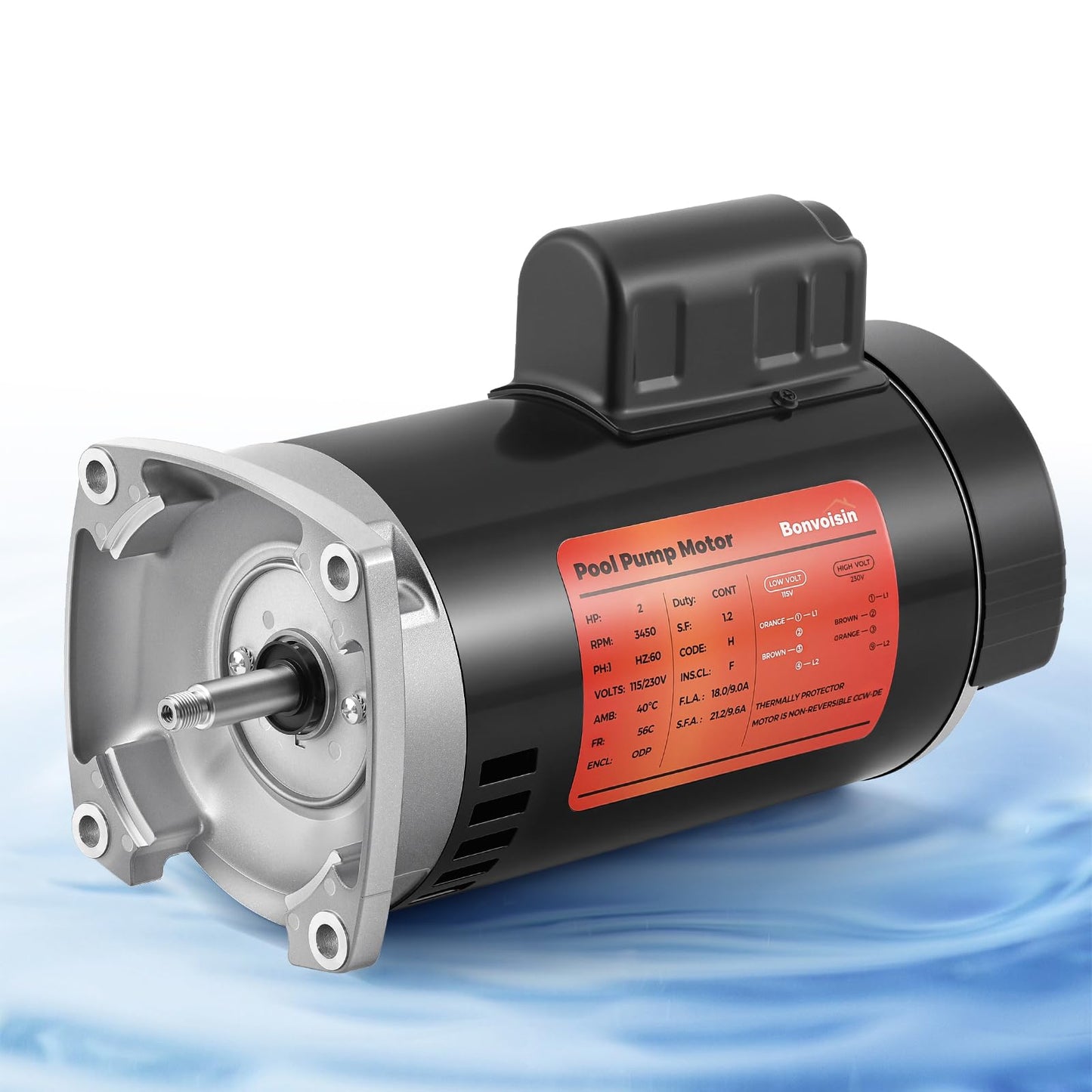 Bonvoisin 2HP Pool Pump Motor 56Y Frame 3450 RPM CCW Rotation Square Flange Replacement Motor with 80μF/300V Capacitor for Above Ground and Underground Swimming Pools 115V/230V